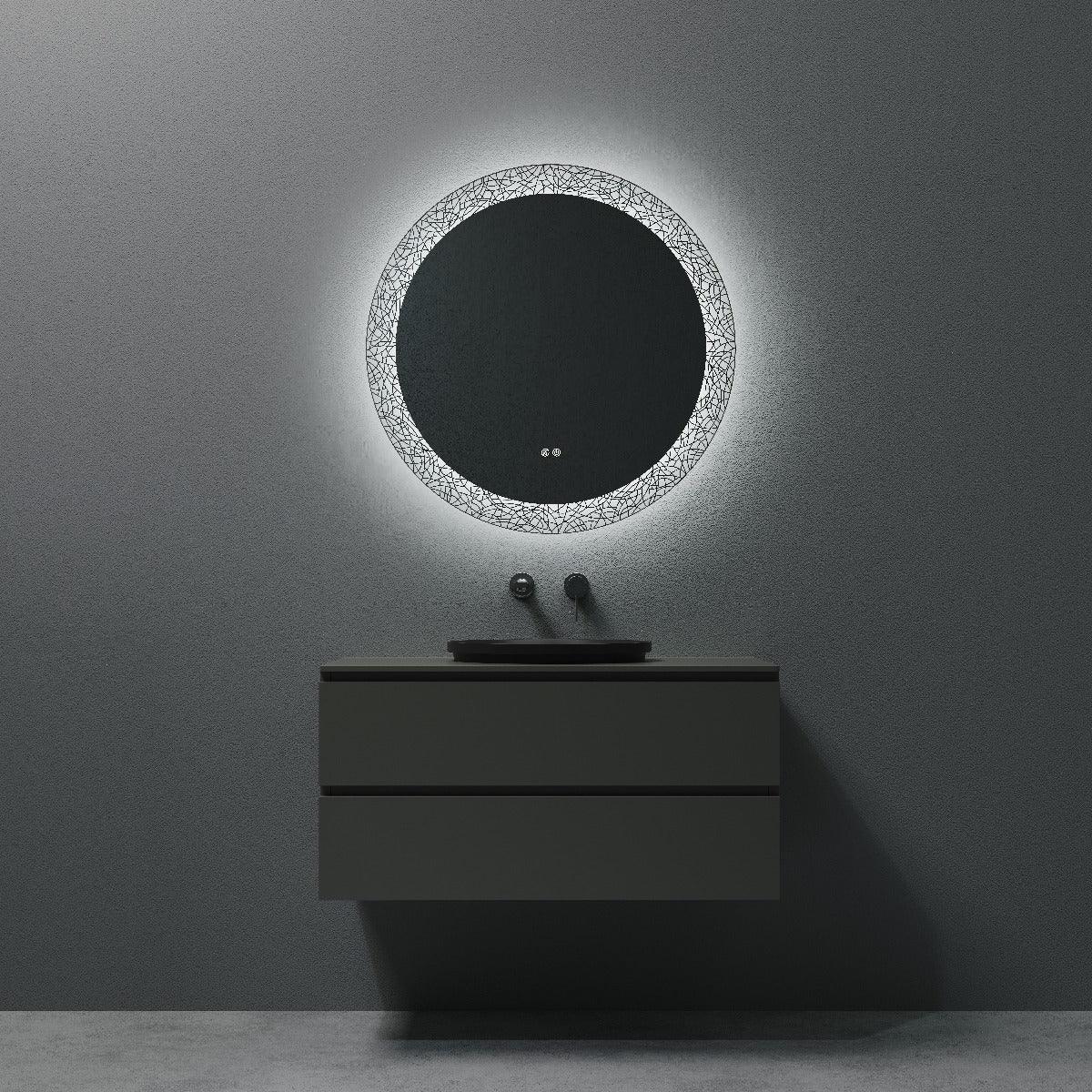 32" LED Round Bathroom Mirror with Laser Pattern Design - Anti-Fog Smart Mirror with Dimming Function, 6000K Cool White Lighting & 3-Touch Sensor Switch for Modern Vanity-Migration_Mirrors-DECOROLALA