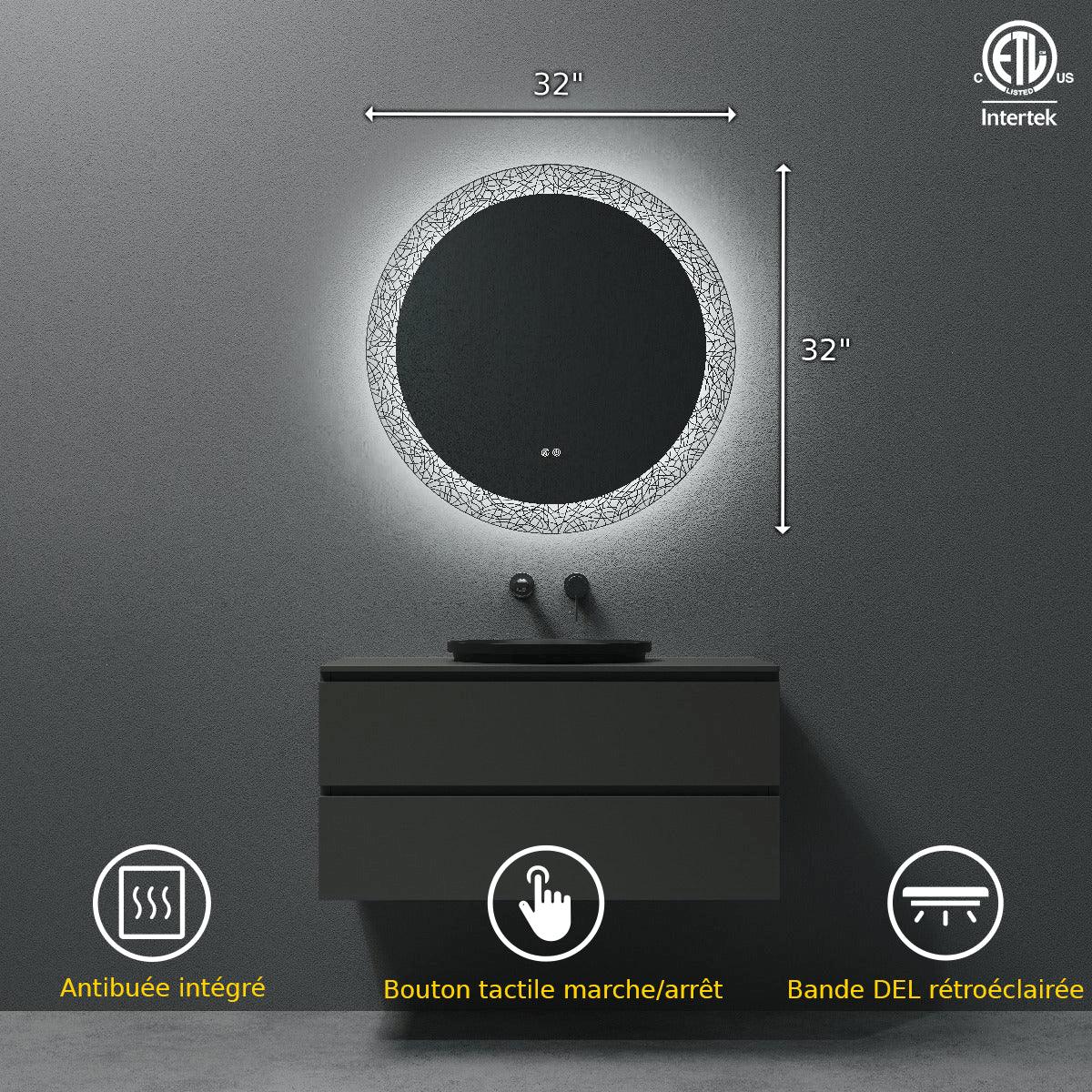 32" LED Round Bathroom Mirror with Laser Pattern Design - Anti-Fog Smart Mirror with Dimming Function, 6000K Cool White Lighting & 3-Touch Sensor Switch for Modern Vanity-Migration_Mirrors-DECOROLALA