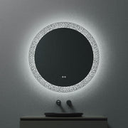 32" LED Round Bathroom Mirror with Laser Pattern Design - Anti-Fog Smart Mirror with Dimming Function, 6000K Cool White Lighting & 3-Touch Sensor Switch for Modern Vanity-Migration_Mirrors-DECOROLALA