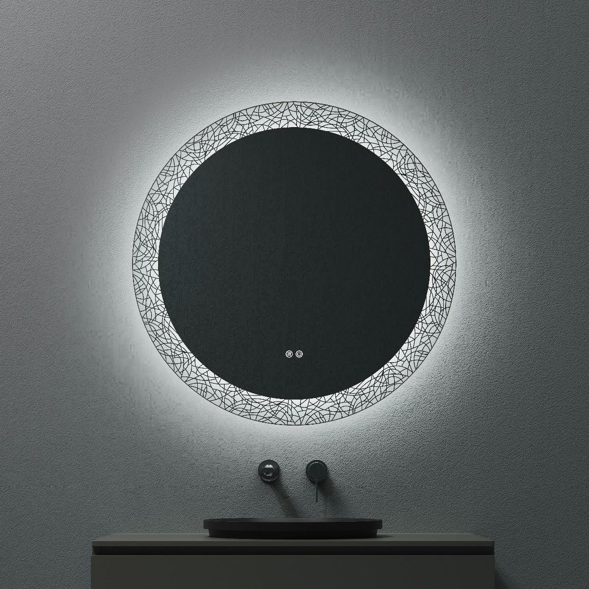 32" LED Round Bathroom Mirror with Laser Pattern Design - Anti-Fog Smart Mirror with Dimming Function, 6000K Cool White Lighting & 3-Touch Sensor Switch for Modern Vanity-Migration_Mirrors-DECOROLALA