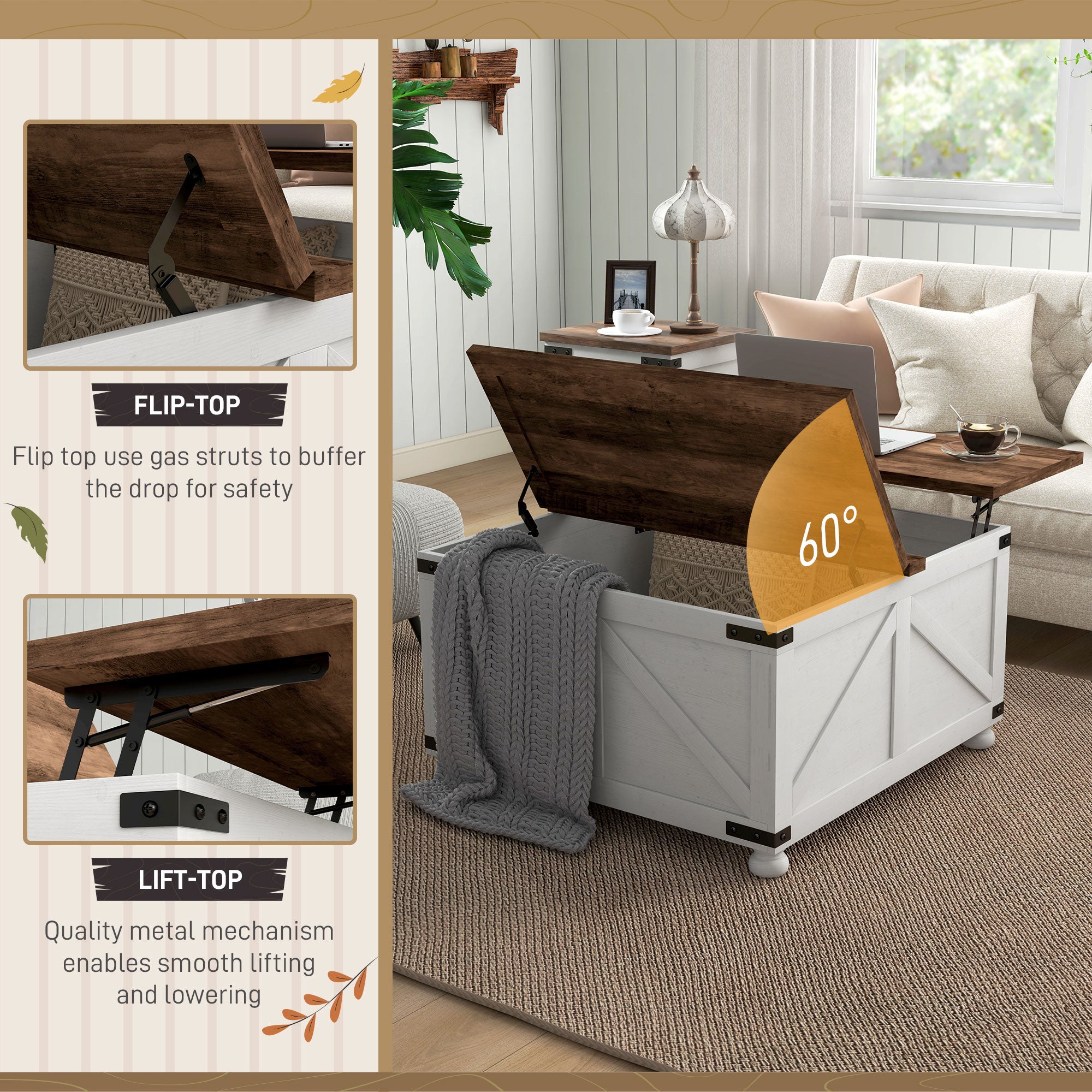 32" Lift Top Coffee Table - Farmhouse Antique White-DECOROLALA