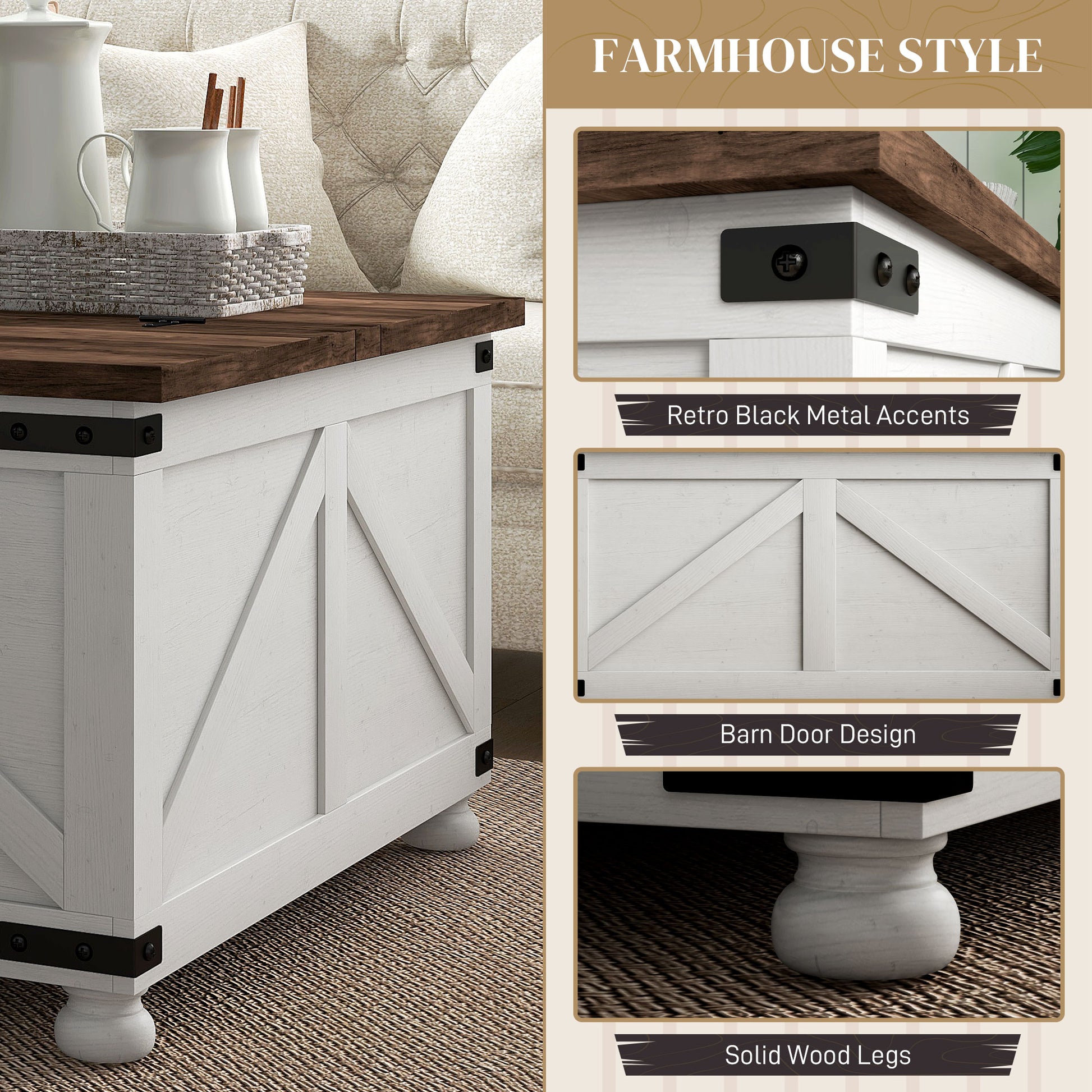 32" Lift Top Coffee Table - Farmhouse Antique White-DECOROLALA