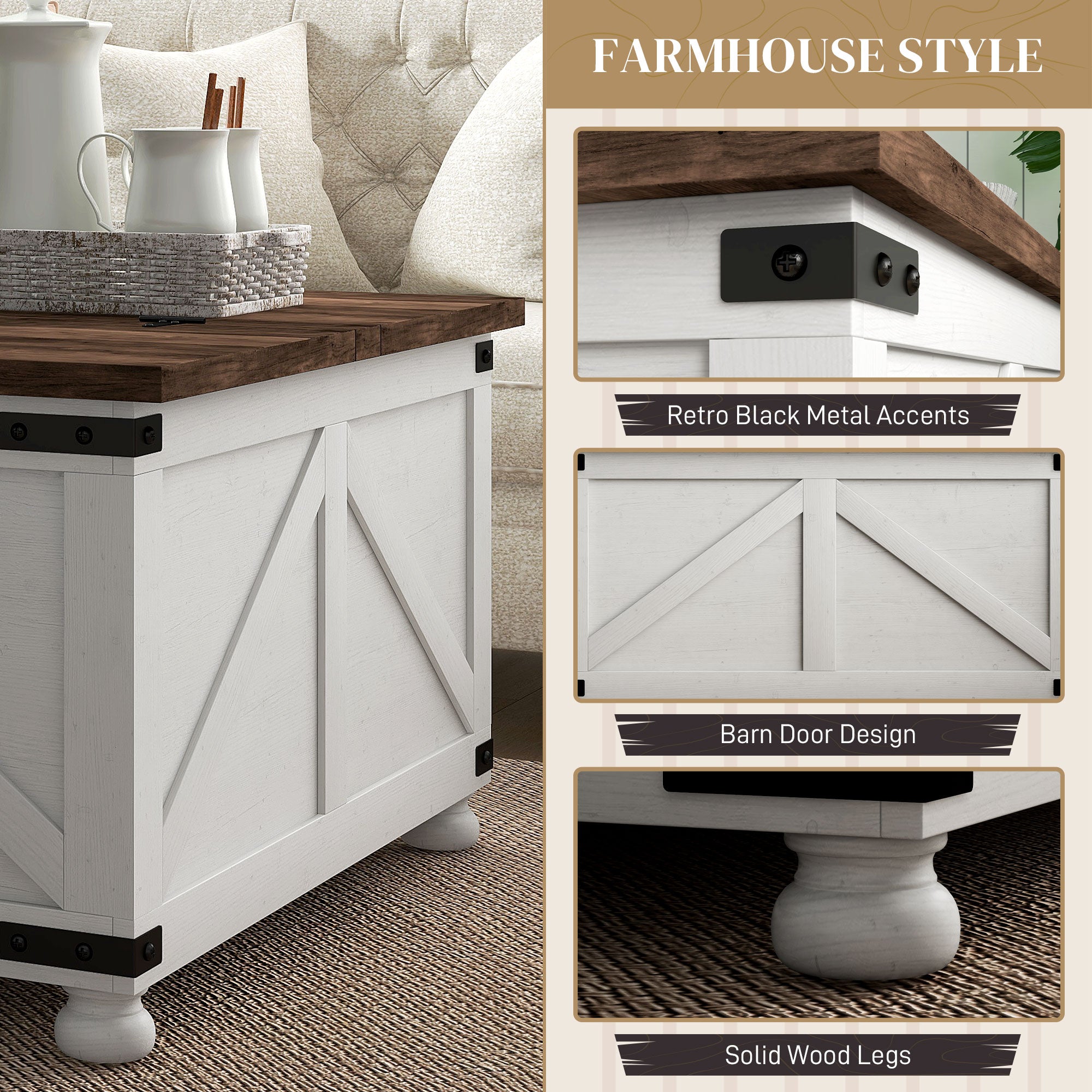 32" Lift Top Coffee Table - Farmhouse Antique White-DECOROLALA