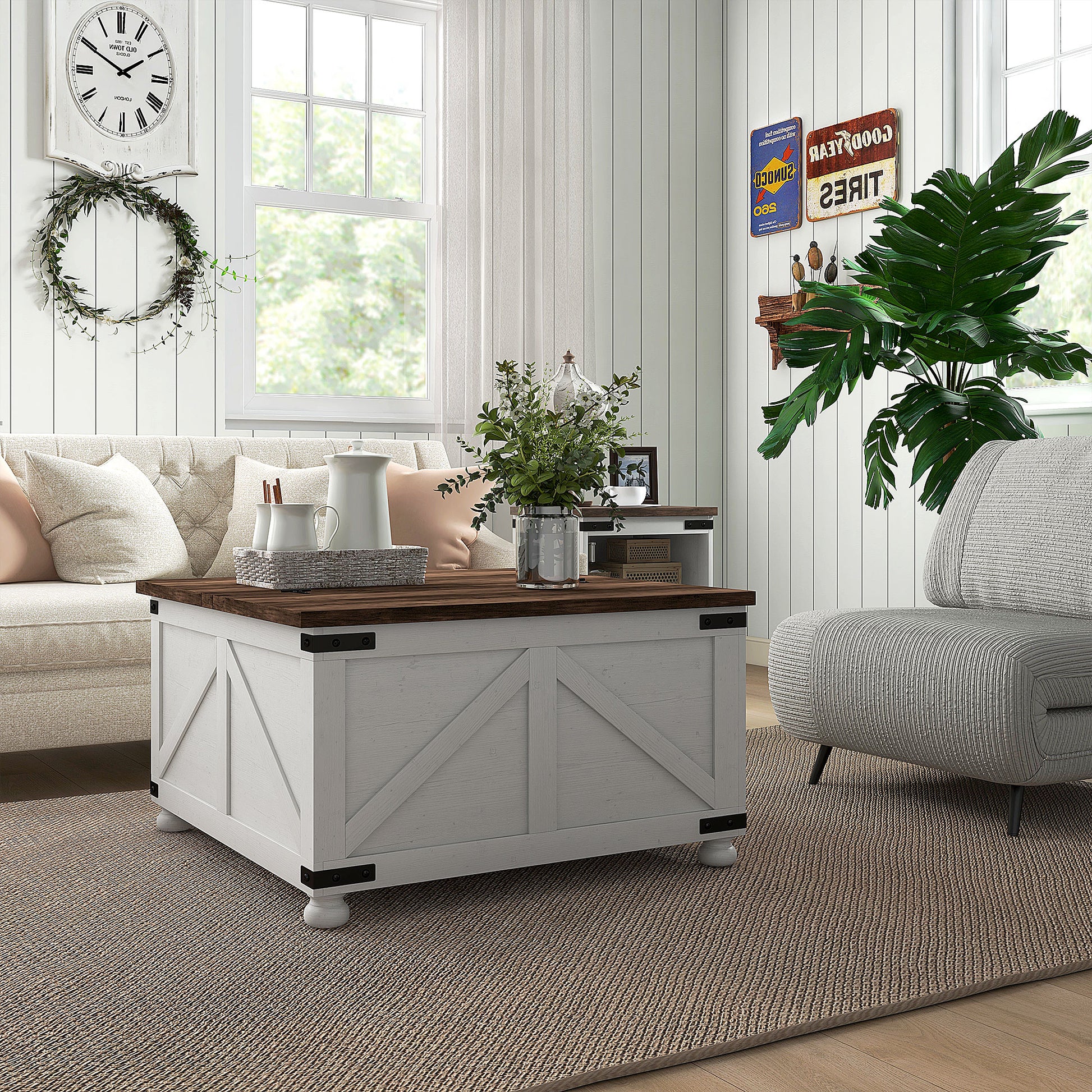 32" Lift Top Coffee Table - Farmhouse Antique White-DECOROLALA