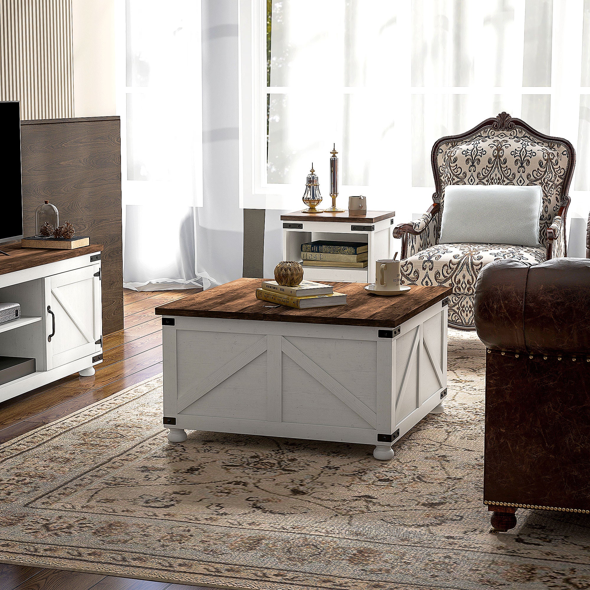 32" Lift Top Coffee Table - Farmhouse Antique White-DECOROLALA