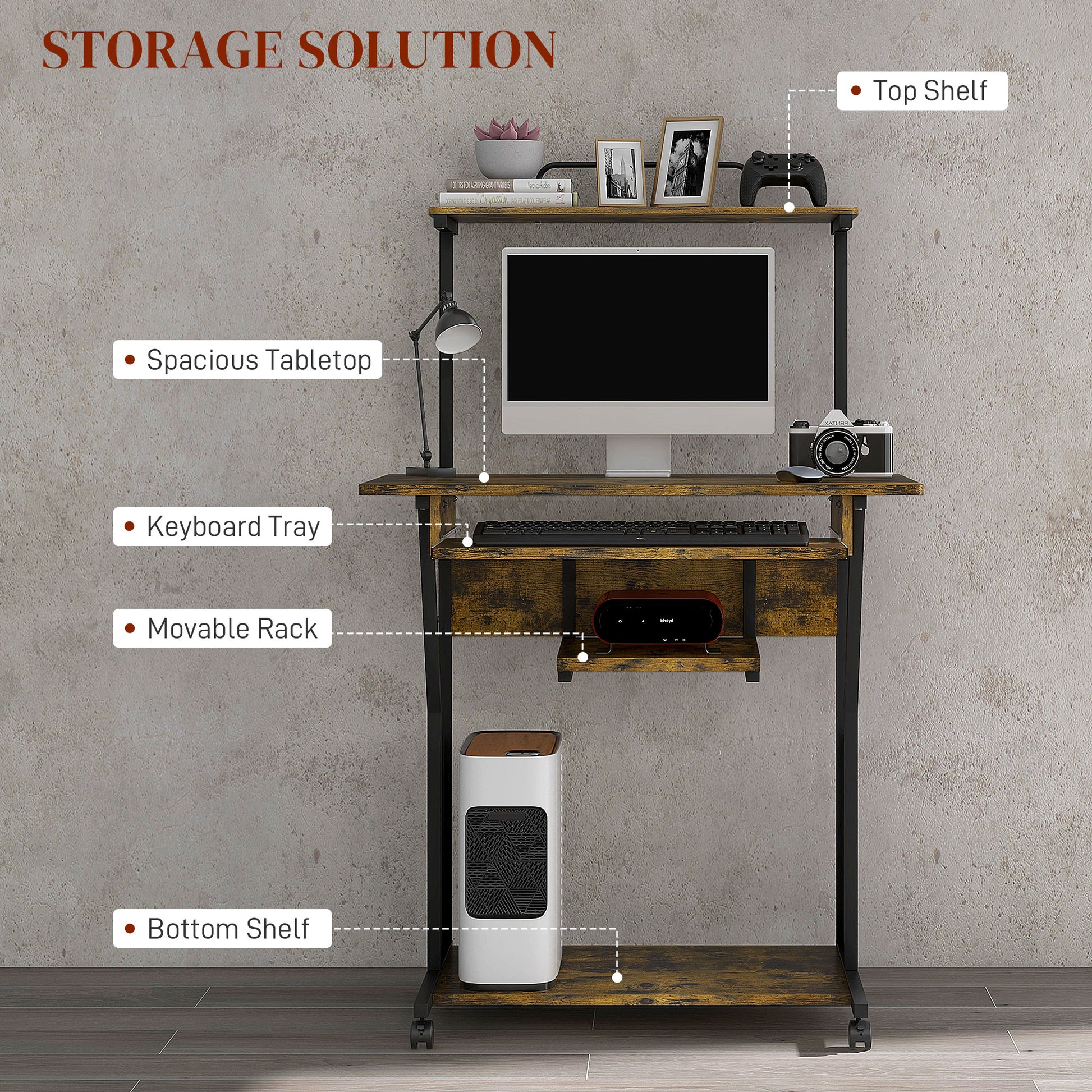 32" Mobile Computer Table, Rolling Study Desk for Home Office with Keyboard Tray, Storage Shelves, Wheels, Rustic Brown-Office Products > Office Furniture > Office Desks & Work Stations > Computer Desks-DECOROLALA