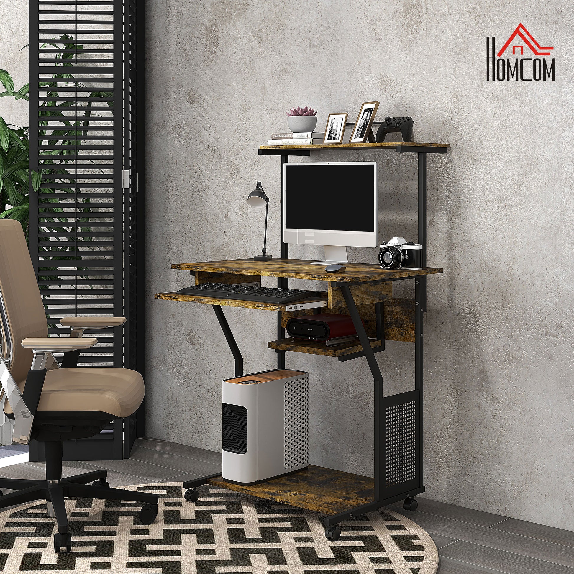 32" Mobile Computer Table, Rolling Study Desk for Home Office with Keyboard Tray, Storage Shelves, Wheels, Rustic Brown-Office Products > Office Furniture > Office Desks & Work Stations > Computer Desks-DECOROLALA