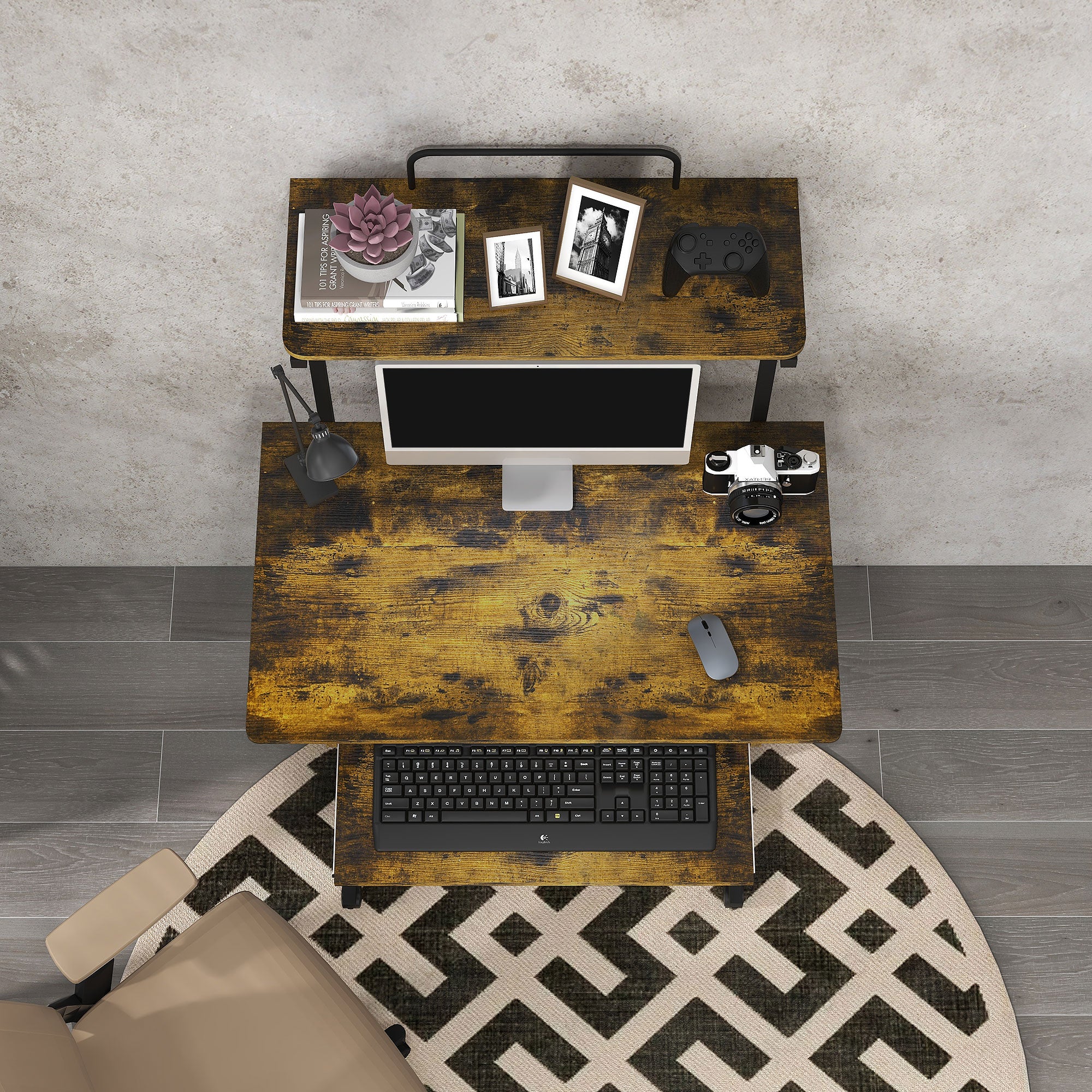 32" Mobile Computer Table, Rolling Study Desk for Home Office with Keyboard Tray, Storage Shelves, Wheels, Rustic Brown-Office Products > Office Furniture > Office Desks & Work Stations > Computer Desks-DECOROLALA