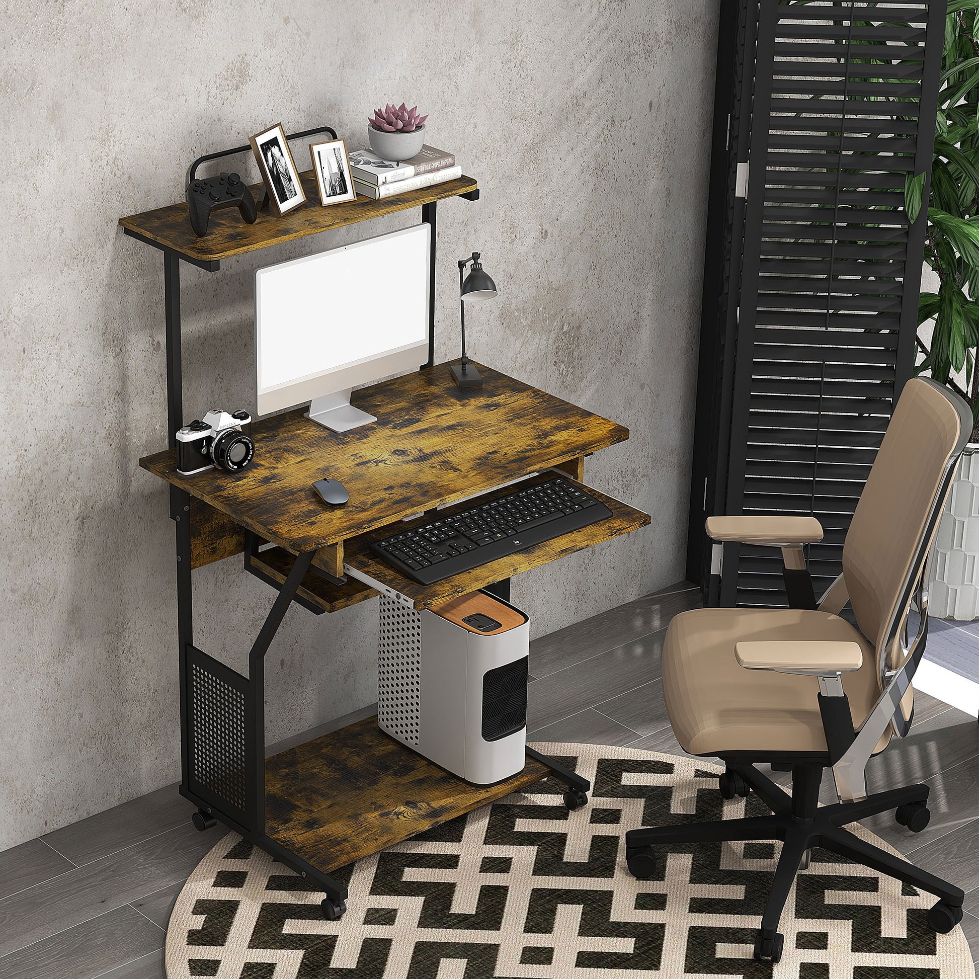 32" Mobile Computer Table, Rolling Study Desk for Home Office with Keyboard Tray, Storage Shelves, Wheels, Rustic Brown-Office Products > Office Furniture > Office Desks & Work Stations > Computer Desks-DECOROLALA