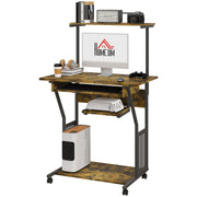 32" Mobile Computer Table, Rolling Study Desk for Home Office with Keyboard Tray, Storage Shelves, Wheels, Rustic Brown-Office Products > Office Furniture > Office Desks & Work Stations > Computer Desks-DECOROLALA