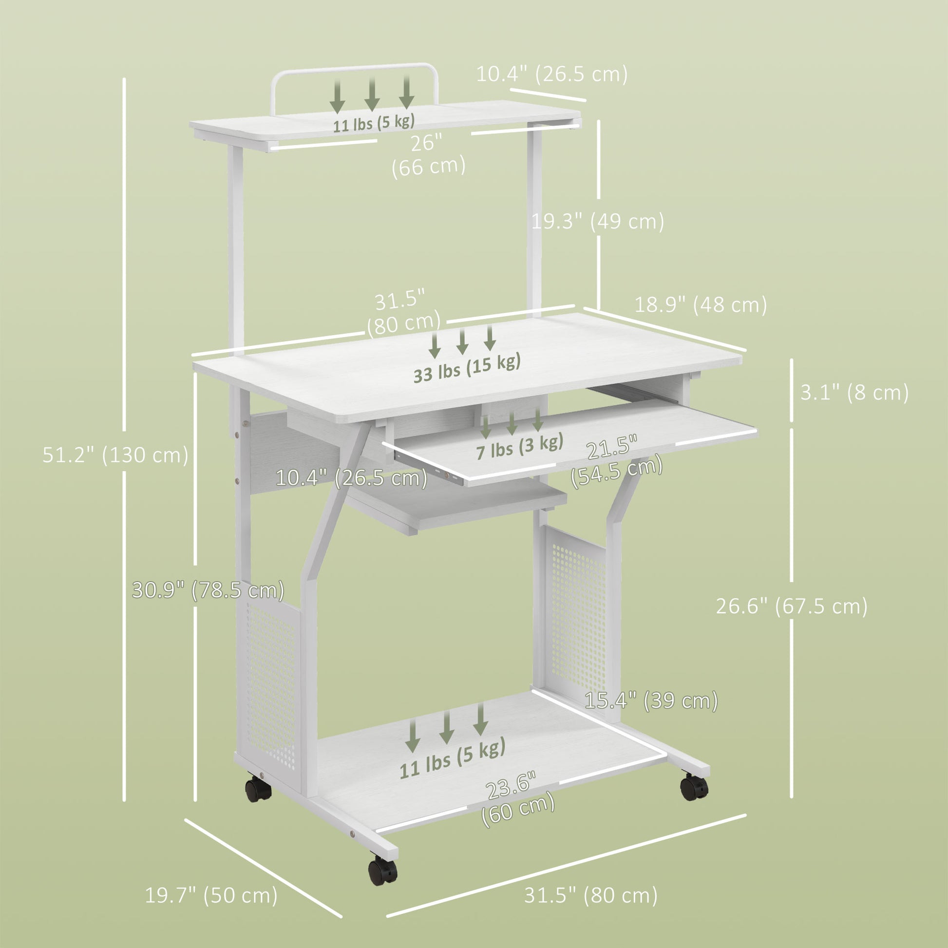 32" Mobile Computer Table, Rolling Study Desk for Home Office with Keyboard Tray, Storage Shelves, Wheels, White-Office Products > Office Furniture > Office Desks & Work Stations > Computer Desks-DECOROLALA