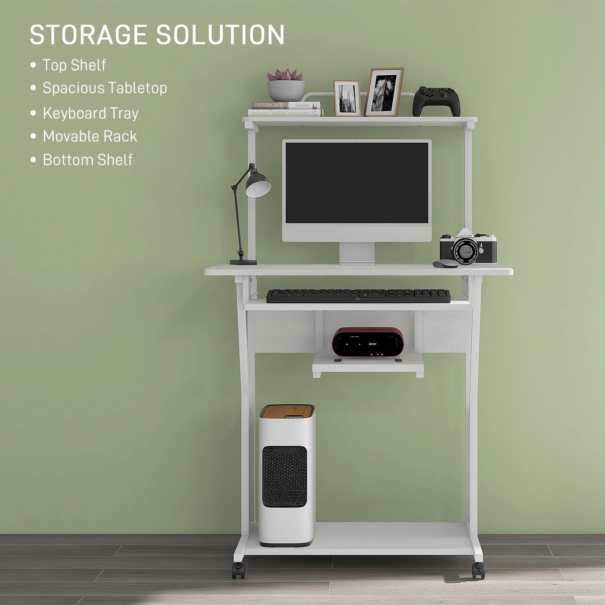 32" Mobile Computer Table, Rolling Study Desk for Home Office with Keyboard Tray, Storage Shelves, Wheels, White-Office Products > Office Furniture > Office Desks & Work Stations > Computer Desks-DECOROLALA