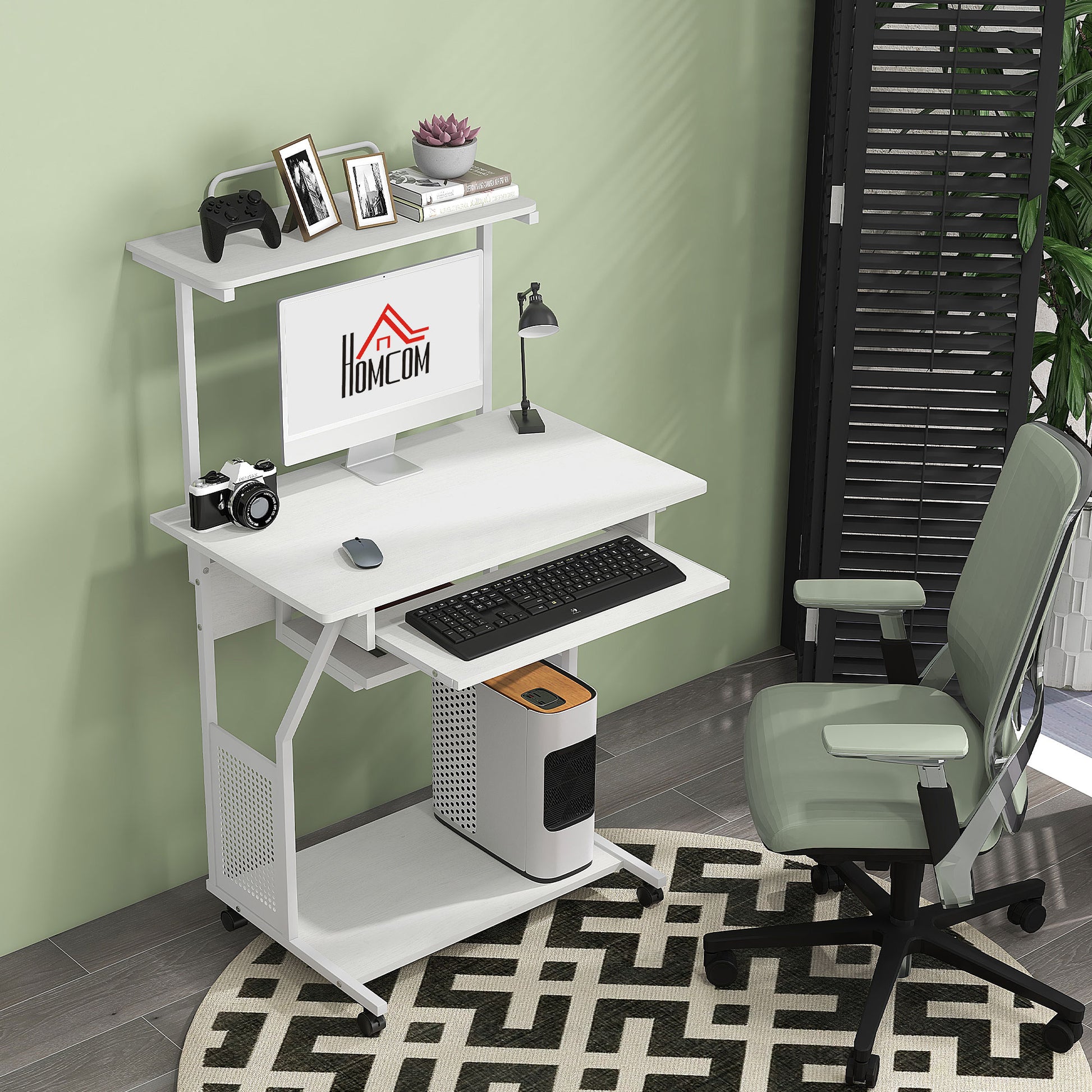32" Mobile Computer Table, Rolling Study Desk for Home Office with Keyboard Tray, Storage Shelves, Wheels, White-Office Products > Office Furniture > Office Desks & Work Stations > Computer Desks-DECOROLALA