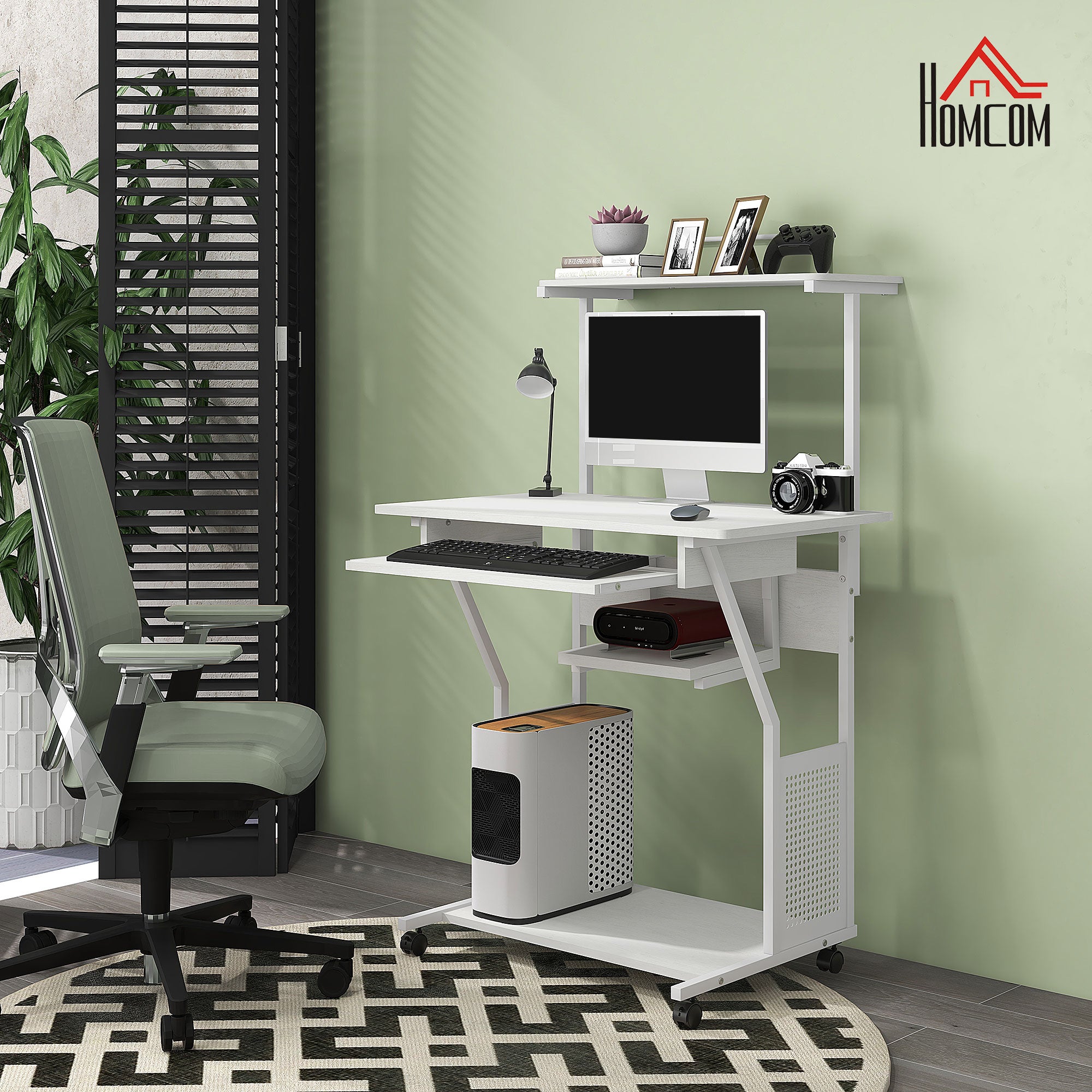 32" Mobile Computer Table, Rolling Study Desk for Home Office with Keyboard Tray, Storage Shelves, Wheels, White-Office Products > Office Furniture > Office Desks & Work Stations > Computer Desks-DECOROLALA