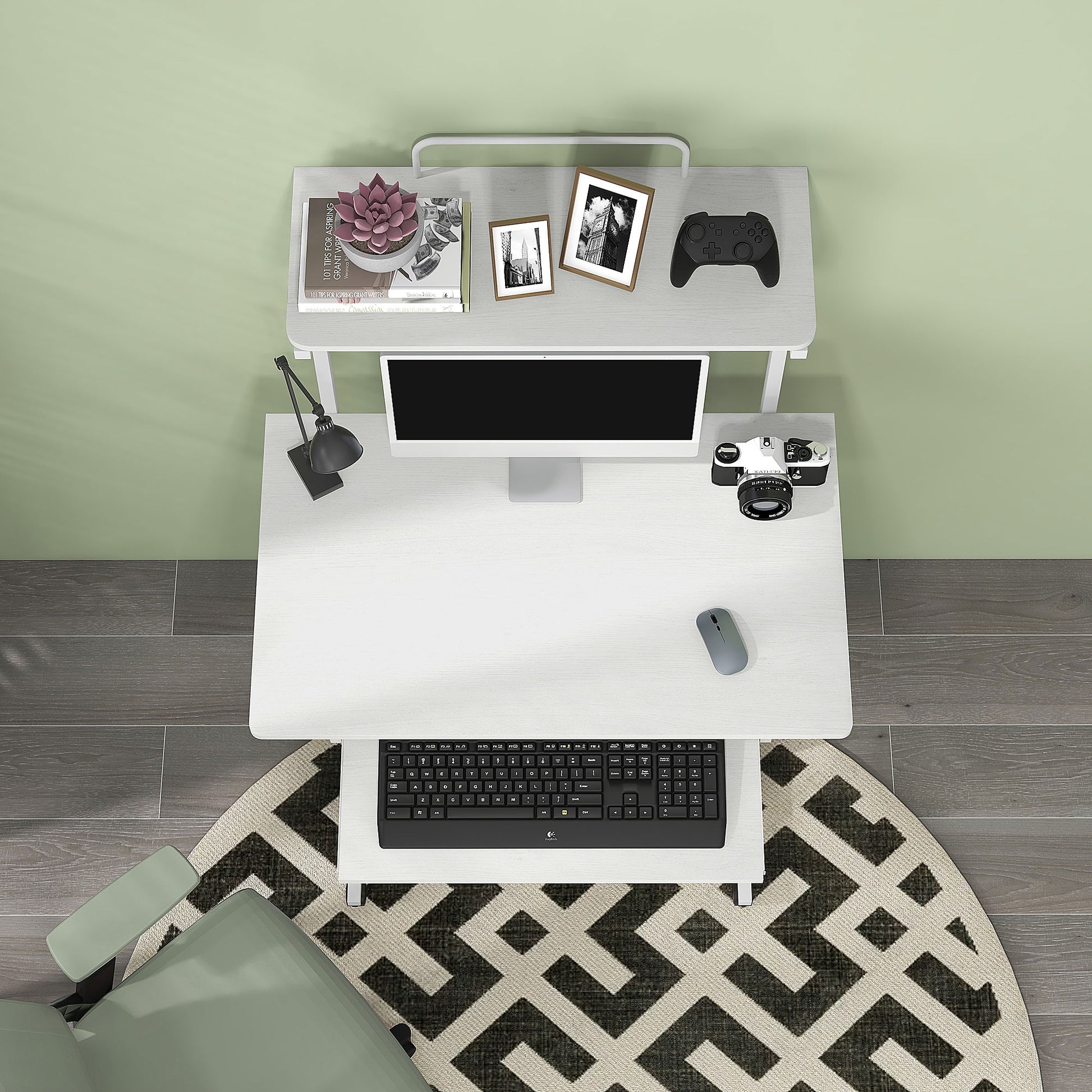 32" Mobile Computer Table, Rolling Study Desk for Home Office with Keyboard Tray, Storage Shelves, Wheels, White-Office Products > Office Furniture > Office Desks & Work Stations > Computer Desks-DECOROLALA