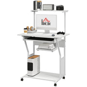 32" Mobile Computer Table, Rolling Study Desk for Home Office with Keyboard Tray, Storage Shelves, Wheels, White-Office Products > Office Furniture > Office Desks & Work Stations > Computer Desks-DECOROLALA