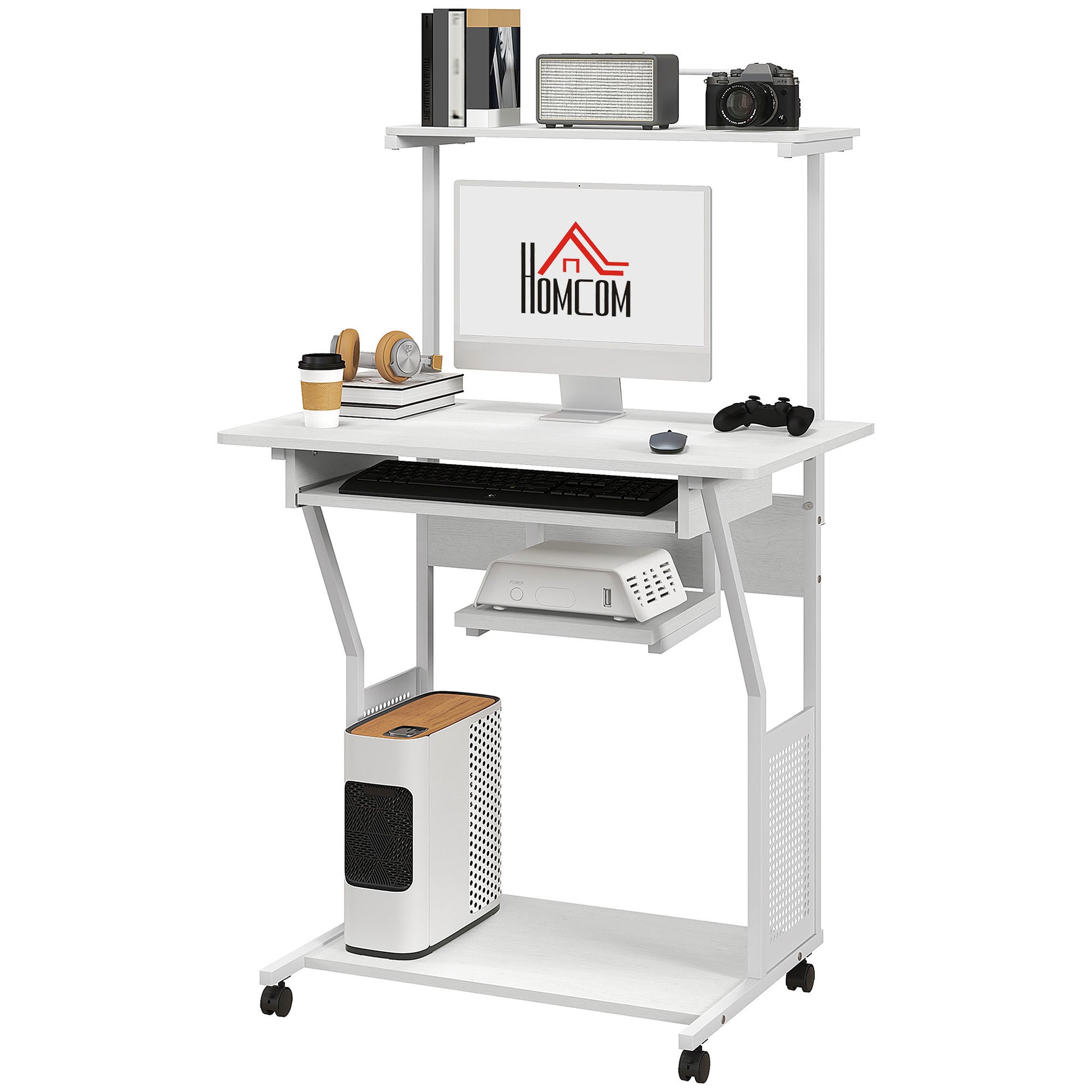 32" Mobile Computer Table, Rolling Study Desk for Home Office with Keyboard Tray, Storage Shelves, Wheels, White-Office Products > Office Furniture > Office Desks & Work Stations > Computer Desks-DECOROLALA
