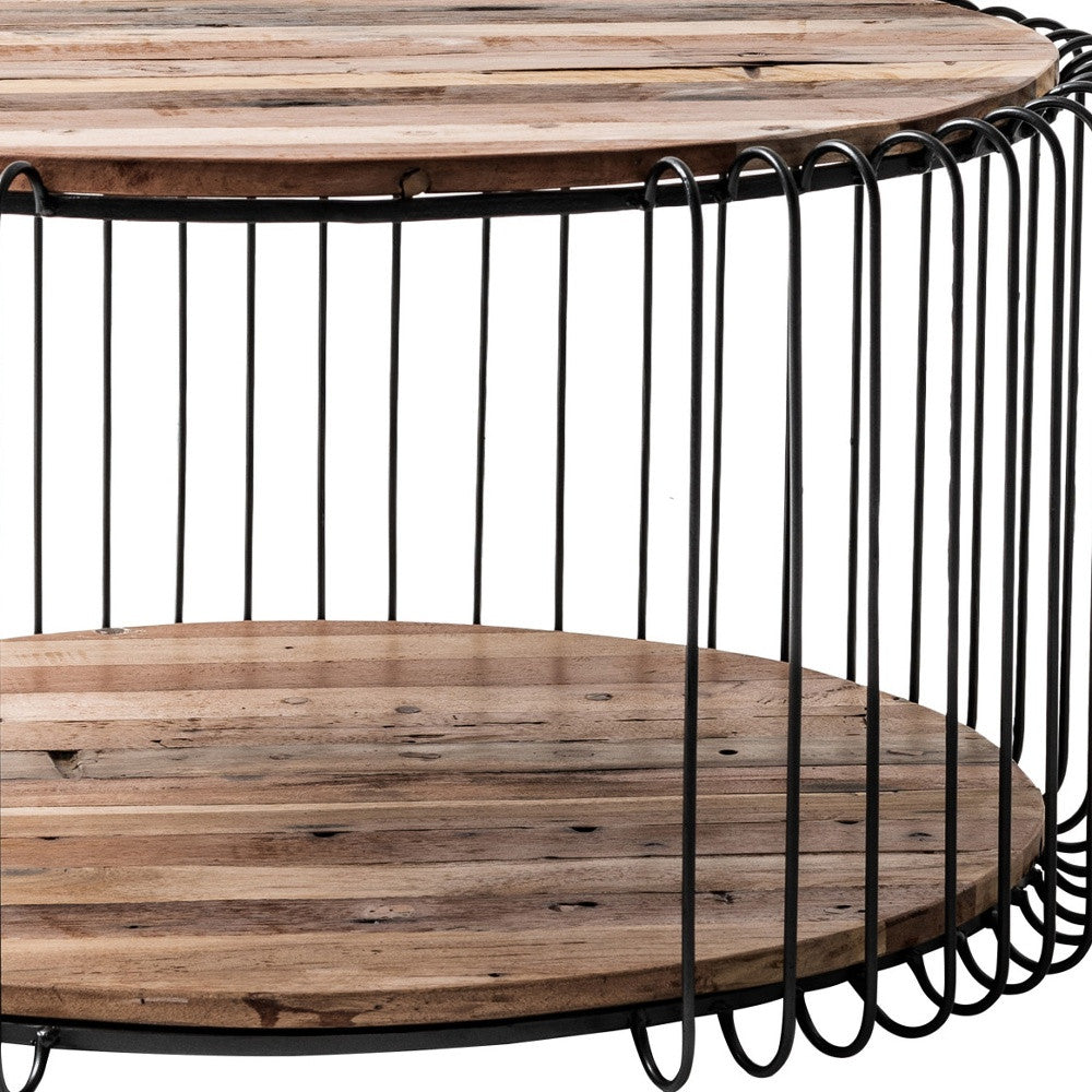 32" Natural And Black Solid Wood And Steel Round Coffee Table With Shelf-Coffee Tables-DECOROLALA