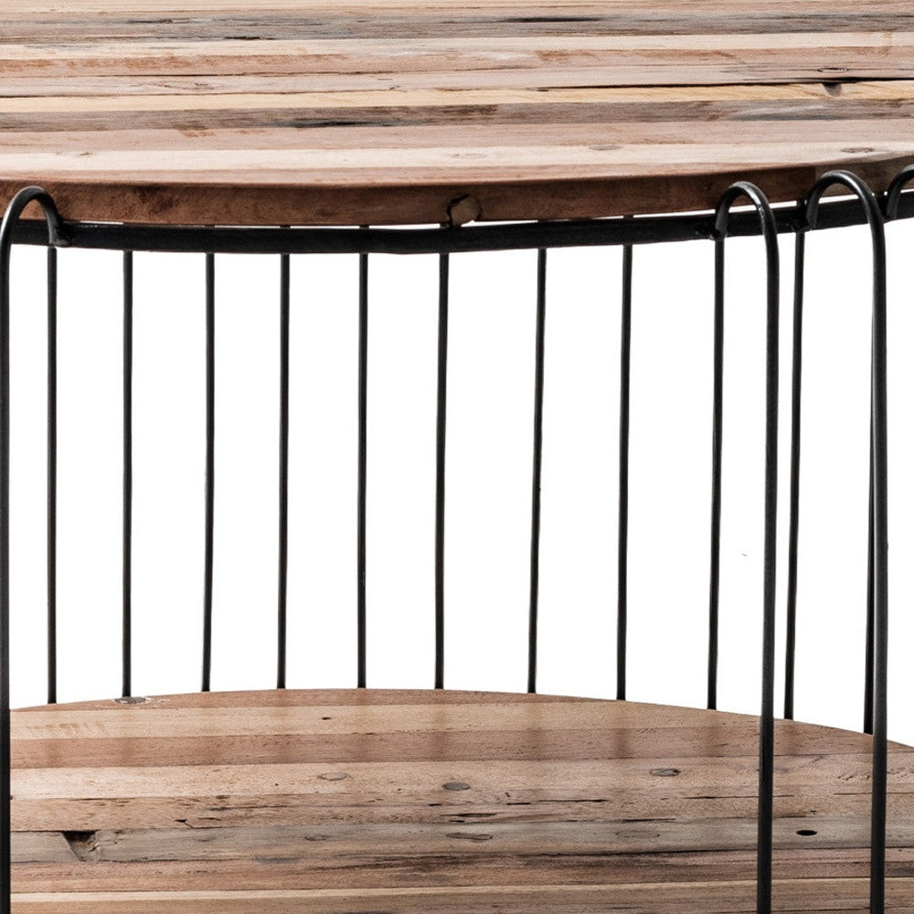 32" Natural And Black Solid Wood And Steel Round Coffee Table With Shelf-Coffee Tables-DECOROLALA