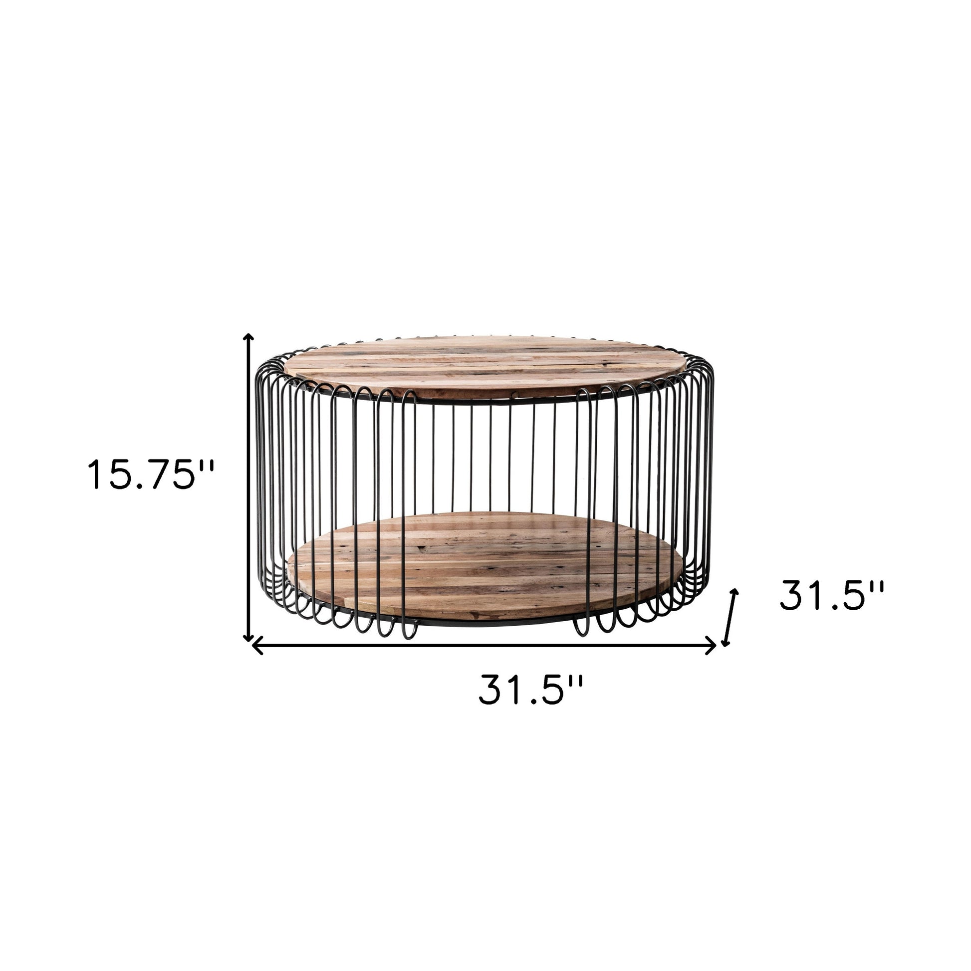 32" Natural And Black Solid Wood And Steel Round Coffee Table With Shelf-Coffee Tables-DECOROLALA