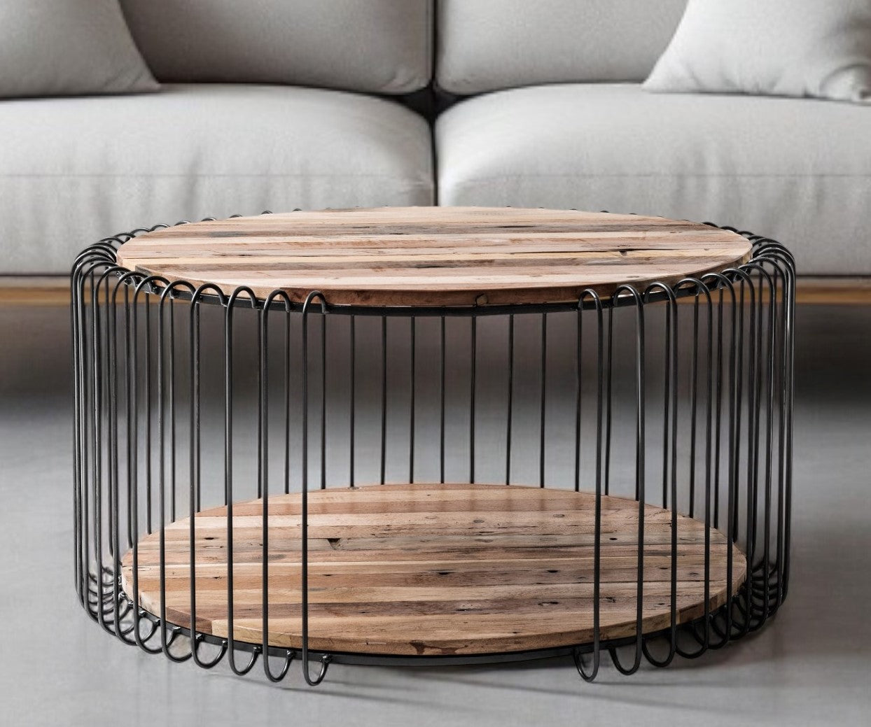32" Natural And Black Solid Wood And Steel Round Coffee Table With Shelf-Coffee Tables-DECOROLALA