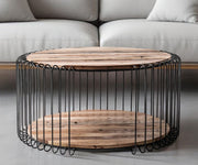 32" Natural And Black Solid Wood And Steel Round Coffee Table With Shelf-Coffee Tables-DECOROLALA