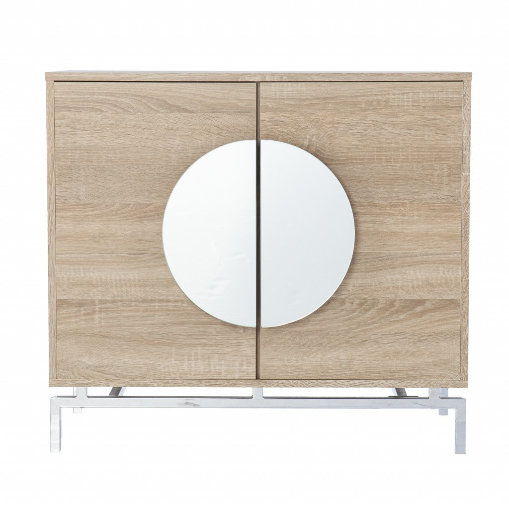 32" Natural and Chrome Mirrored Circle Double Door Bar Cabinet-Sideboards-DECOROLALA