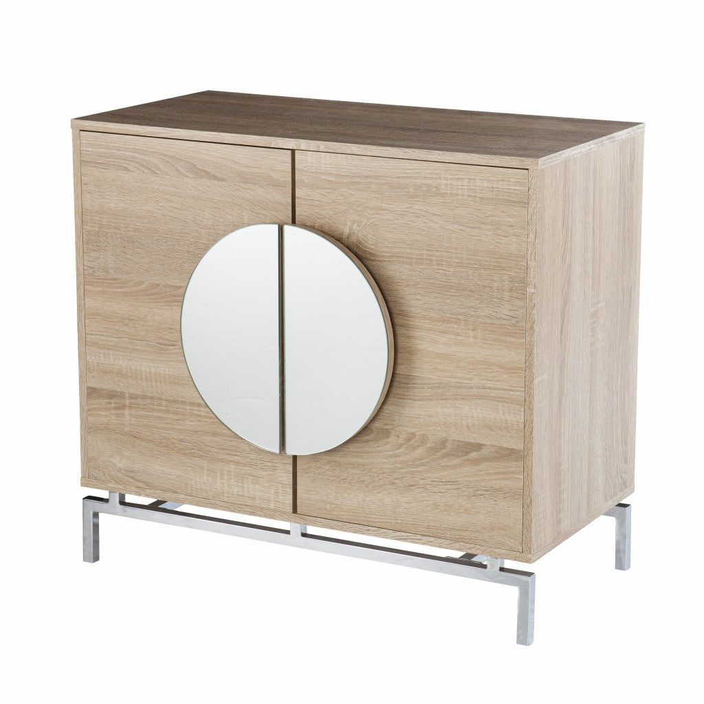 32" Natural and Chrome Mirrored Circle Double Door Bar Cabinet-Sideboards-DECOROLALA