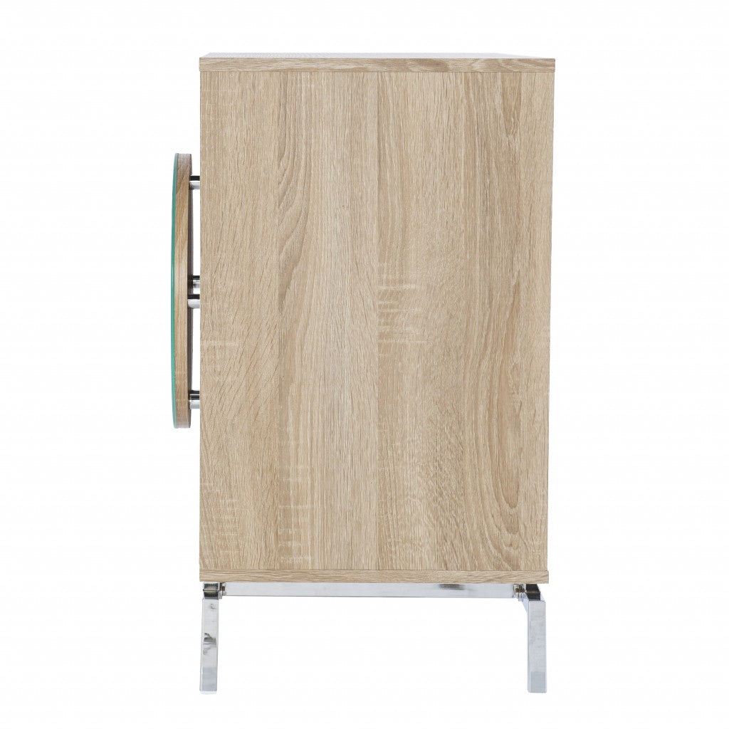 32" Natural and Chrome Mirrored Circle Double Door Bar Cabinet-Sideboards-DECOROLALA