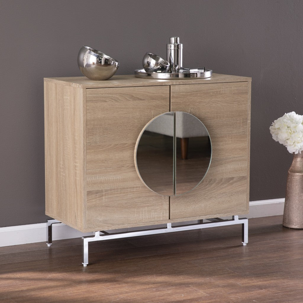32" Natural and Chrome Mirrored Circle Double Door Bar Cabinet-Sideboards-DECOROLALA