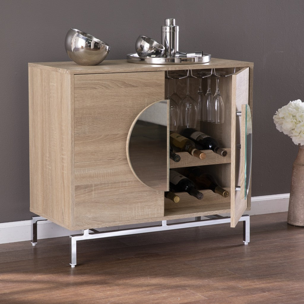 32" Natural and Chrome Mirrored Circle Double Door Bar Cabinet-Sideboards-DECOROLALA