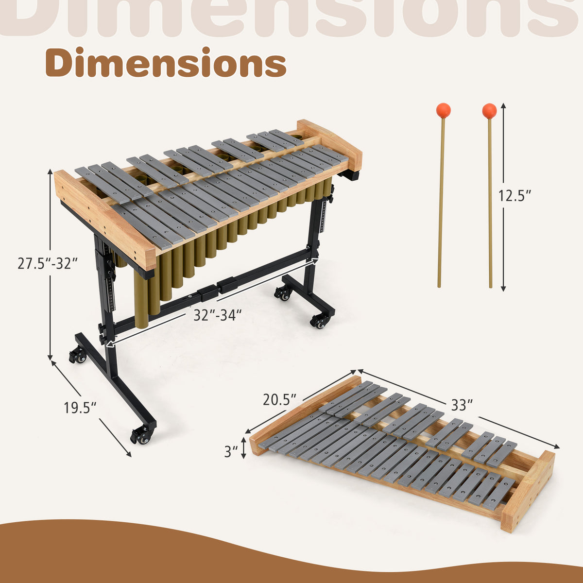 Xylophone marimba à 32 notes avec support réglable et mailloches