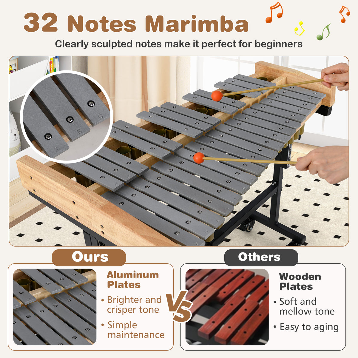 Xylophone marimba à 32 notes avec support réglable et mailloches