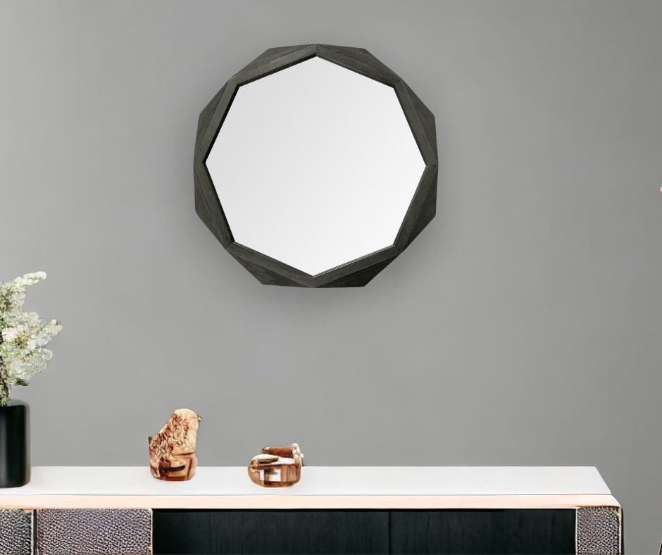 32" Octagon Black Wood Frame Wall Mirror-Mirrors-DECOROLALA