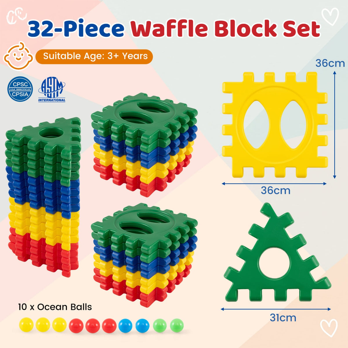 32-Piece Oversized Waffle Block Set with 10 Ocean Balls Easy-to-Use Grid Building Toys