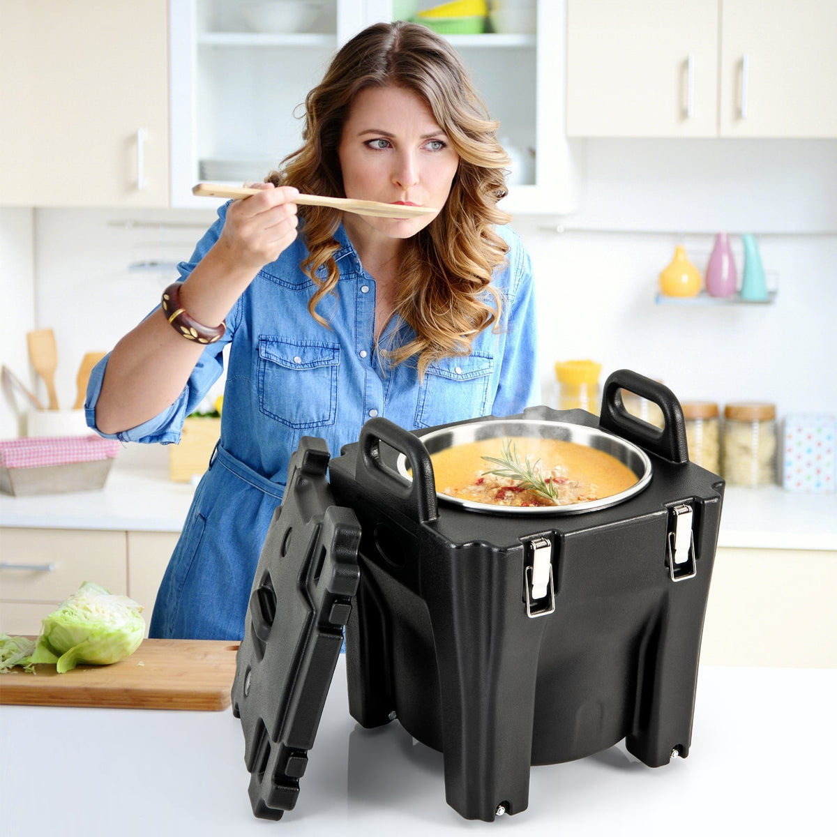 32 QT Portable Insulated Food Carrier with Stainless Steel Barrel for Catering Camping-Black-Food Warmers & Burners-DECOROLALA