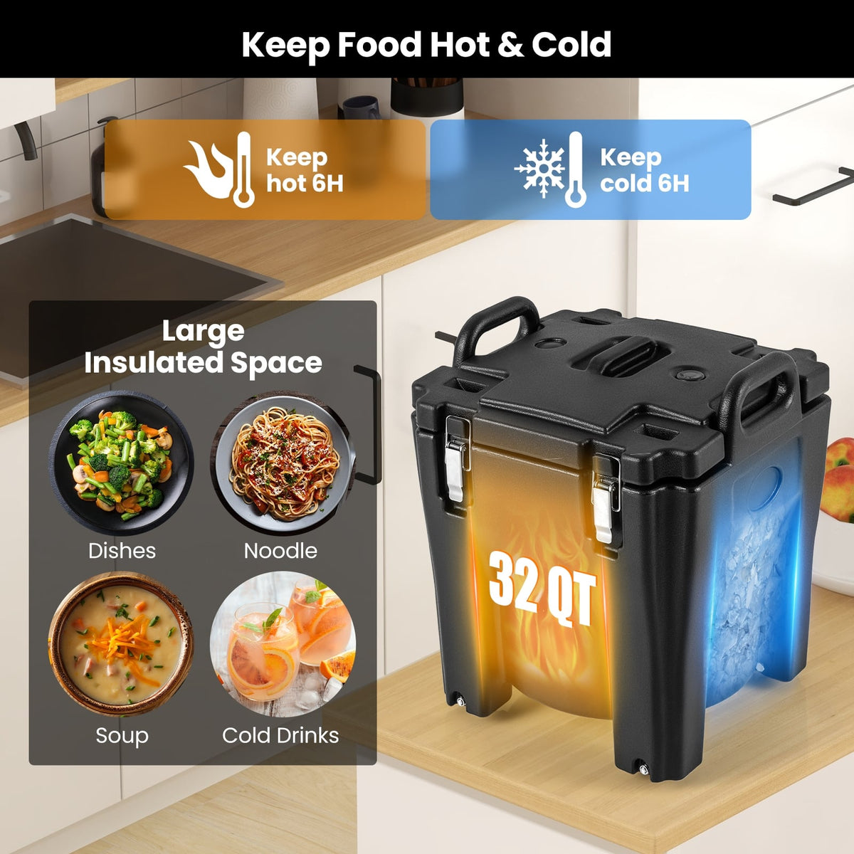 32 QT Portable Insulated Food Carrier with Stainless Steel Barrel for Catering Camping-Black-Food Warmers & Burners-DECOROLALA
