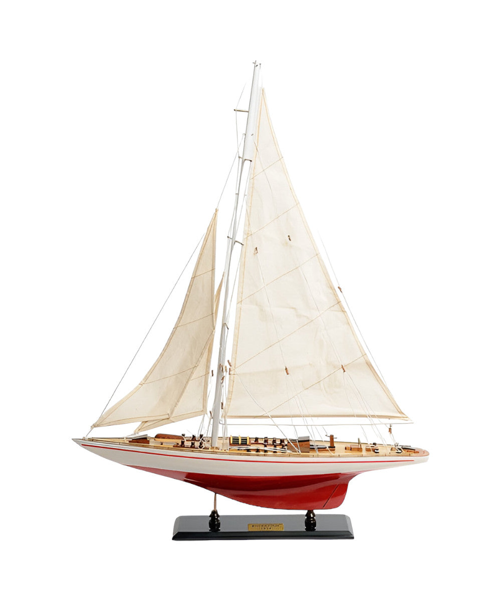 32" Red and White Solid Wood Hand Painted p-Oxybis(benzenesulfonyl hydrazide) Model Boat-Sculptures-DECOROLALA