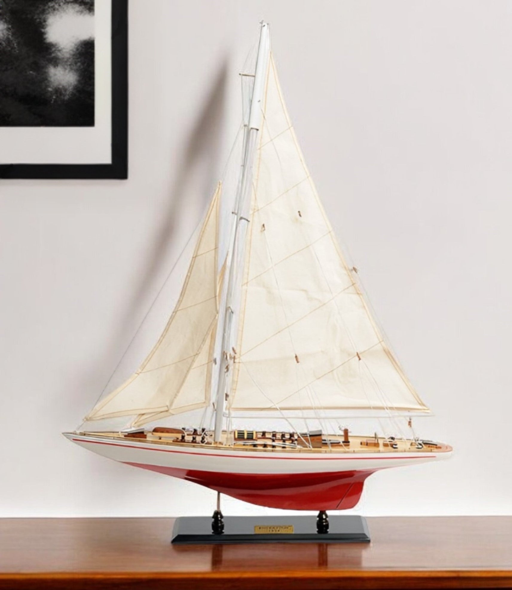 32" Red and White Solid Wood Hand Painted p-Oxybis(benzenesulfonyl hydrazide) Model Boat-Sculptures-DECOROLALA