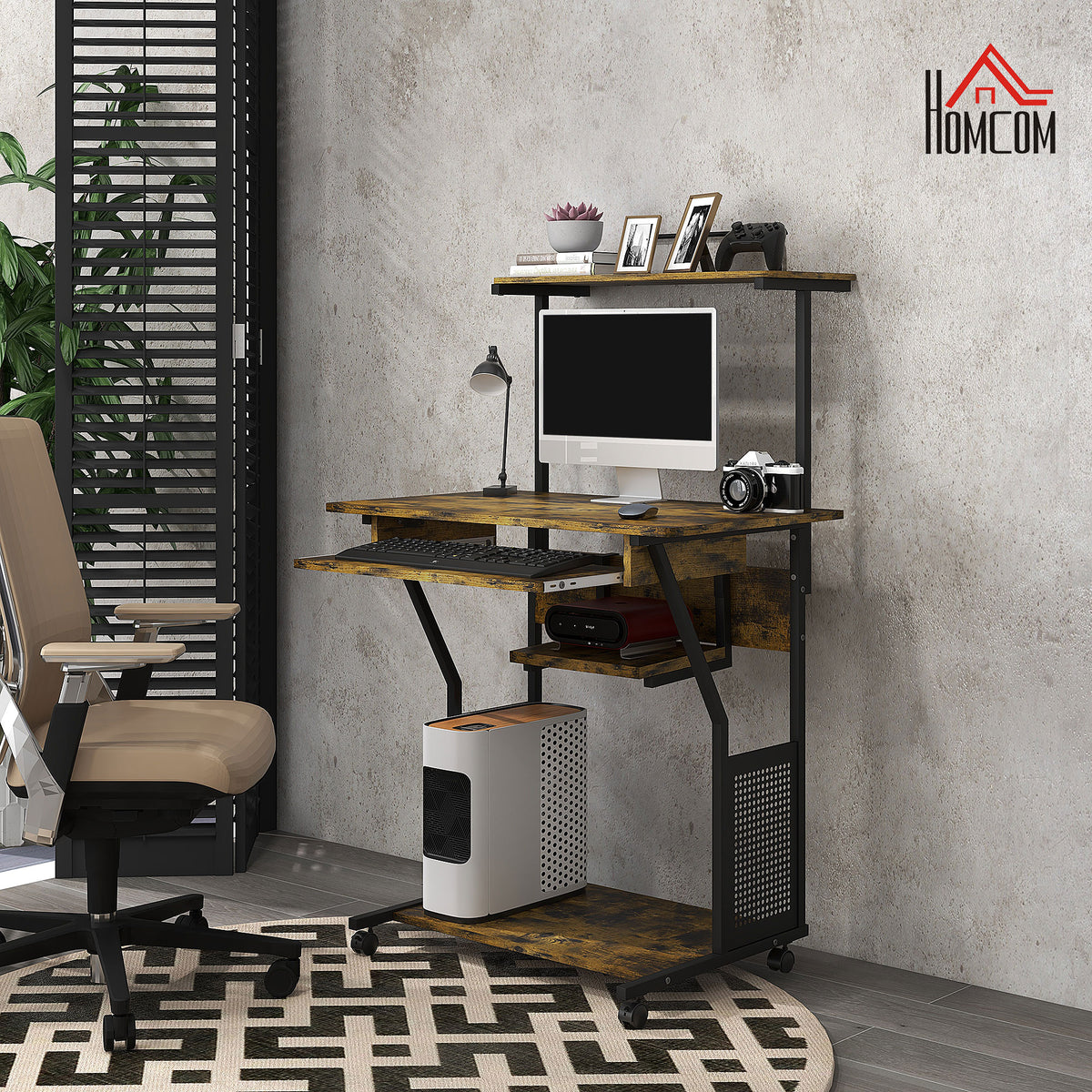 32" Rolling Computer Desk with Keyboard Tray - Rustic Brown-Computer Desks-DECOROLALA