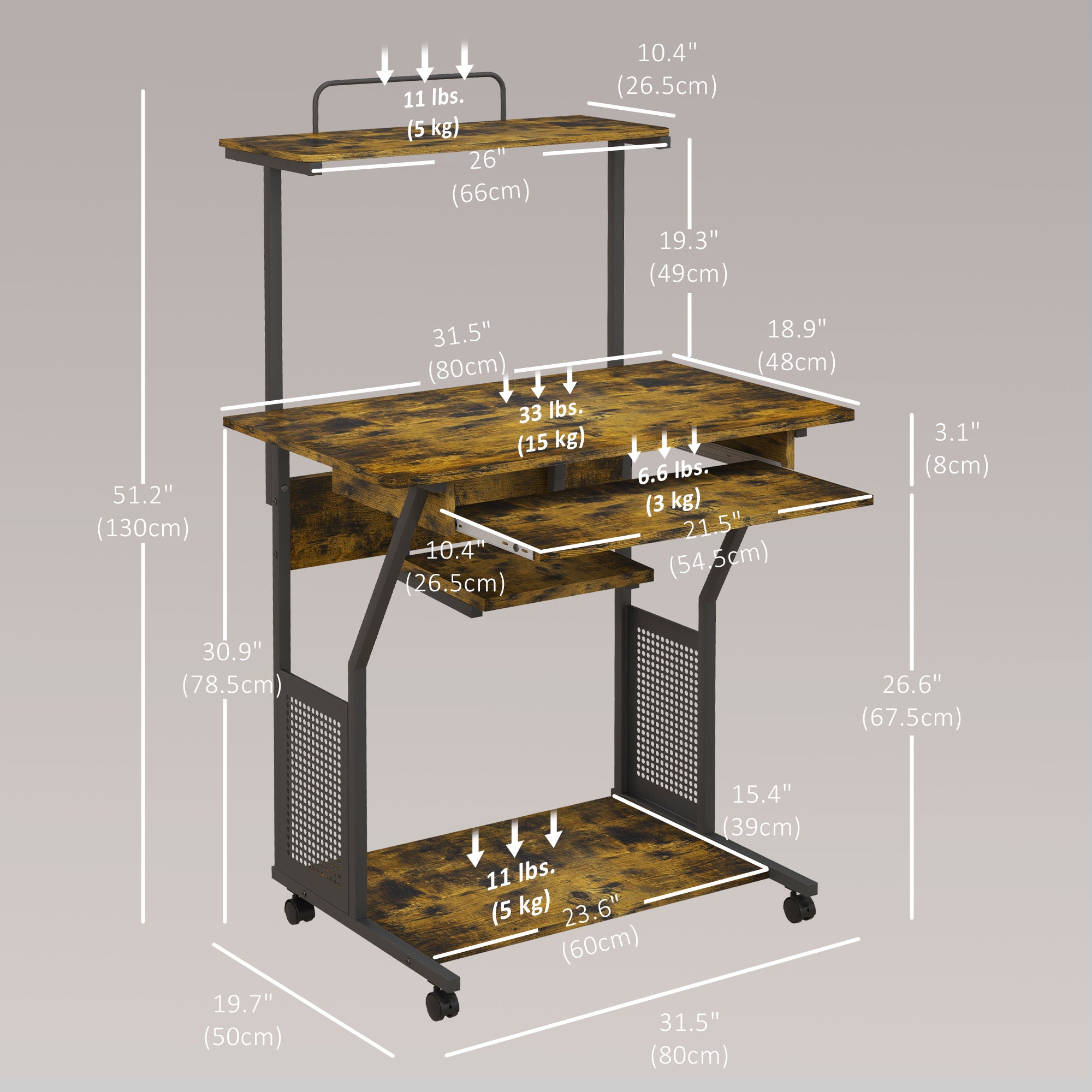 32" Rolling Computer Desk with Keyboard Tray - Rustic Brown-Office Products > Office Furniture > Office Desks & Work Stations > Computer Desks-DECOROLALA