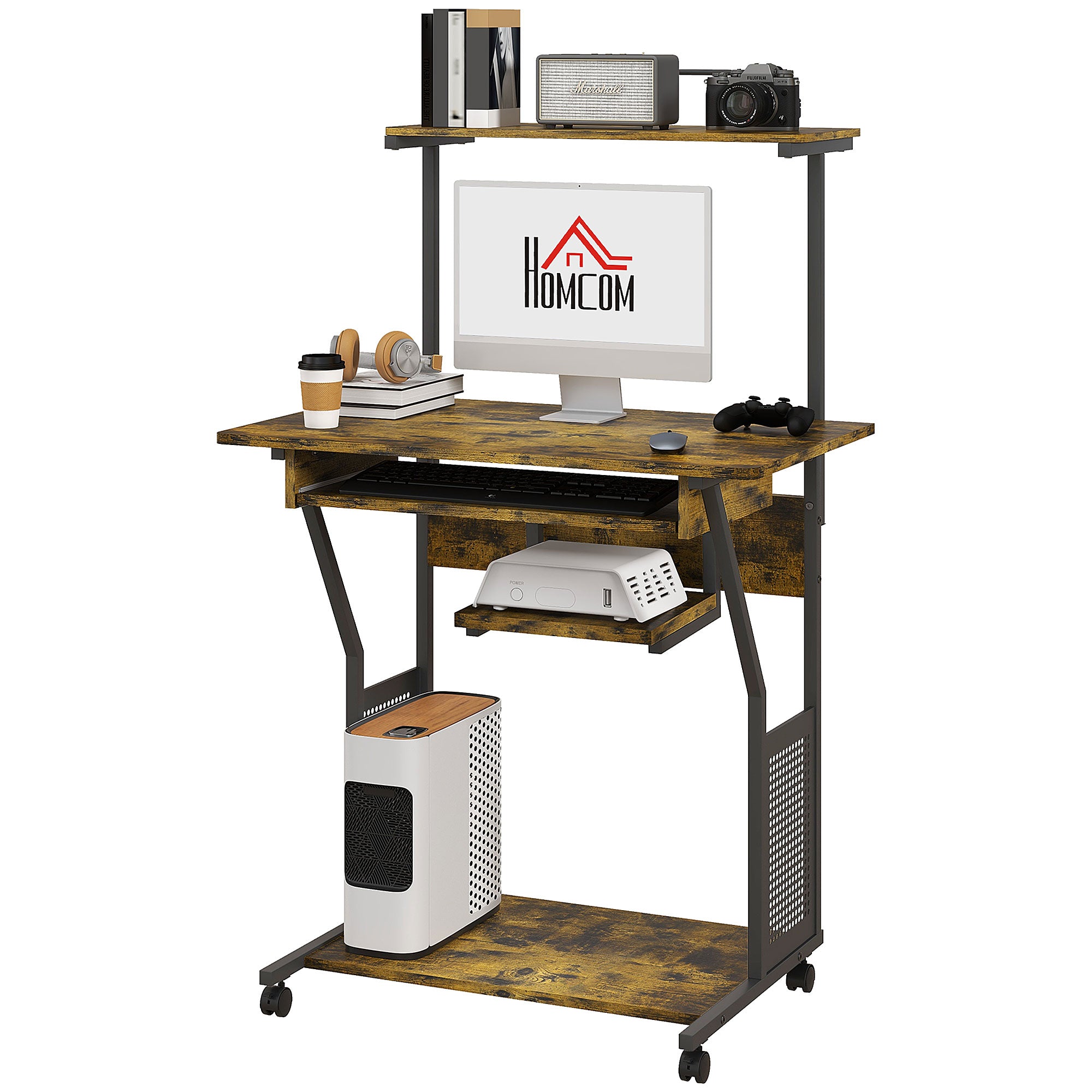 32" Rolling Computer Desk with Keyboard Tray - Rustic Brown-Office Products > Office Furniture > Office Desks & Work Stations > Computer Desks-DECOROLALA