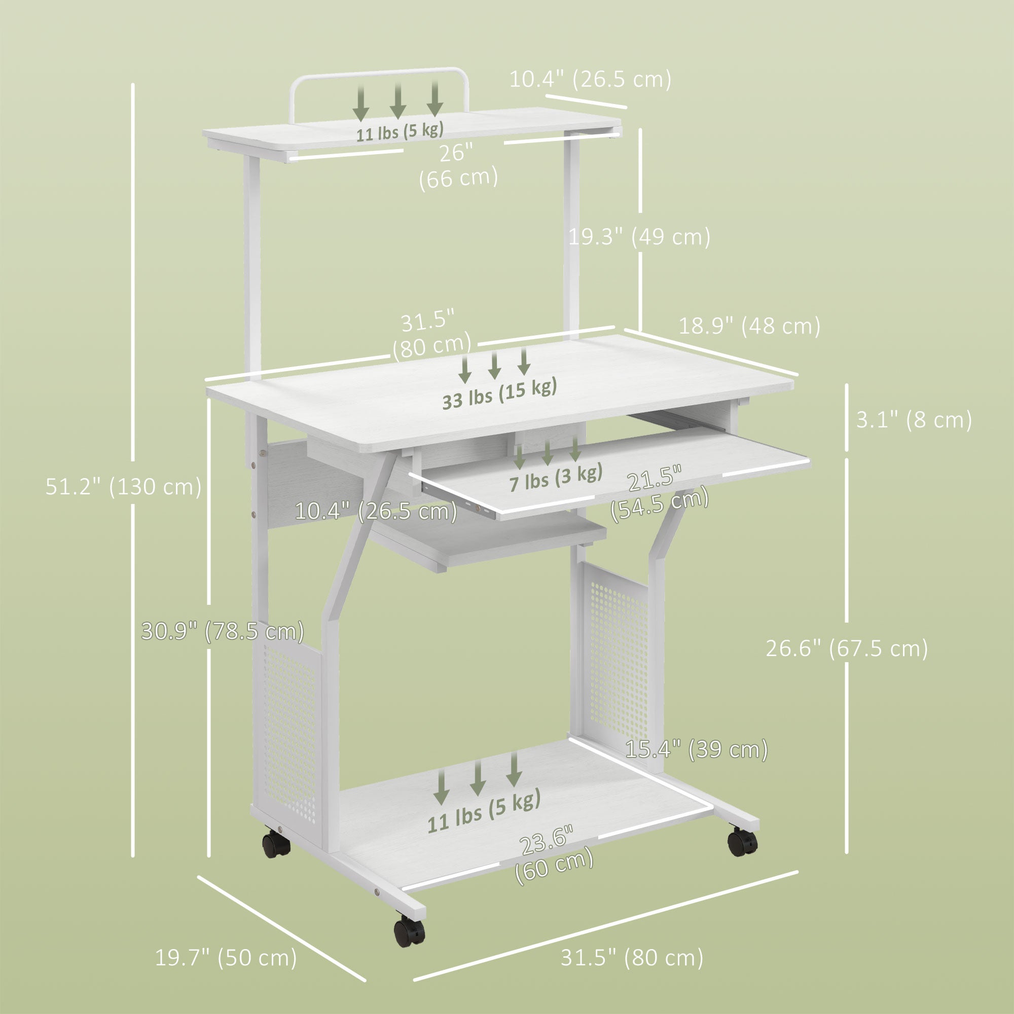 32" Rolling Computer Desk with Keyboard Tray - White-Office Products > Office Furniture > Office Desks & Work Stations > Computer Desks-DECOROLALA
