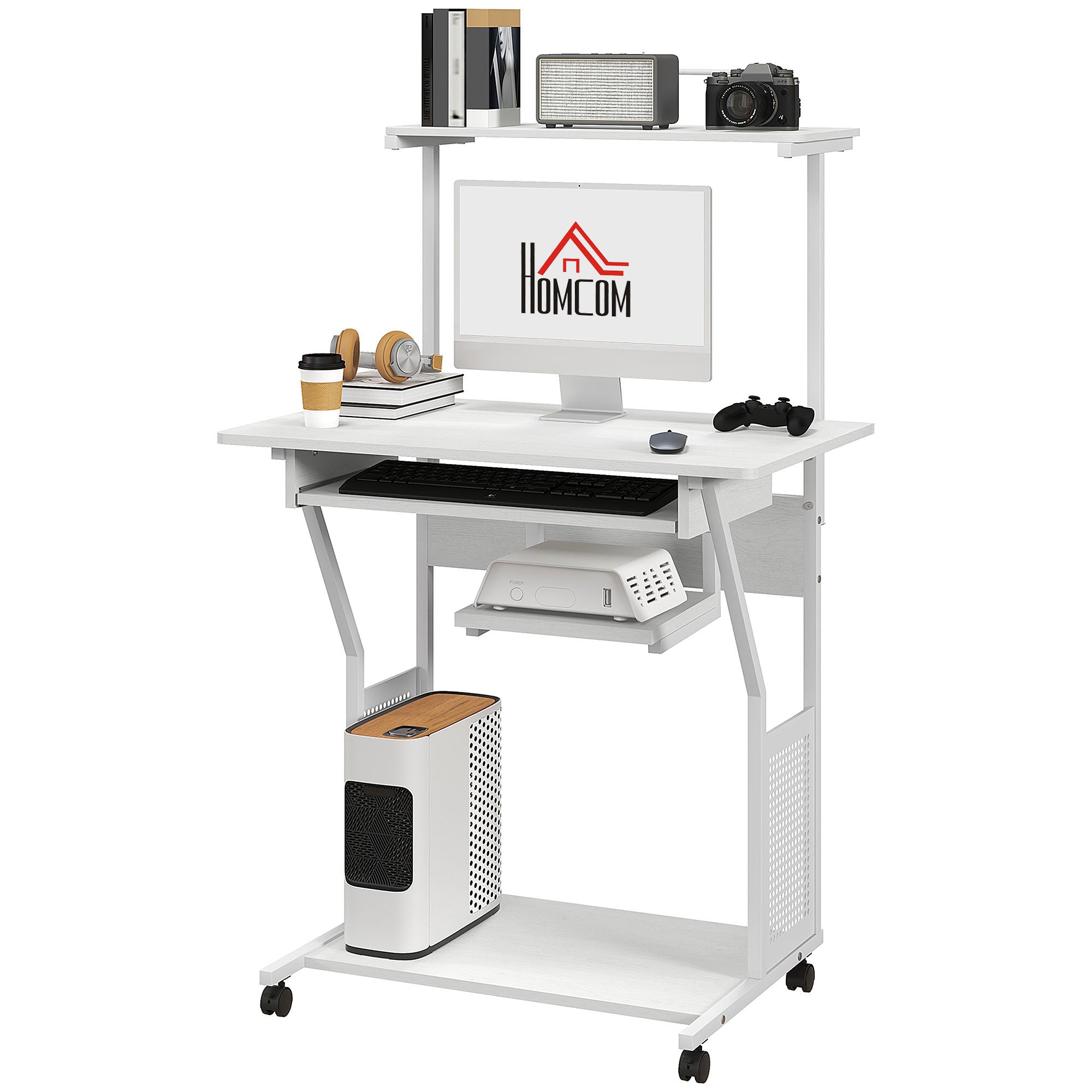 32" Rolling Computer Desk with Keyboard Tray - White-Office Products > Office Furniture > Office Desks & Work Stations > Computer Desks-DECOROLALA