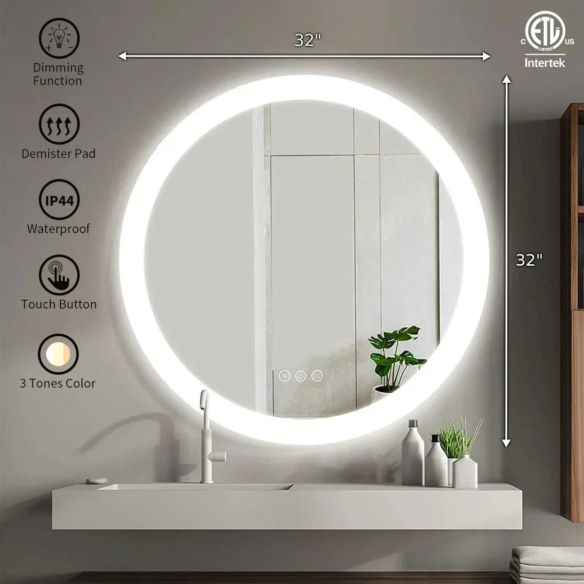 32" Round LED Bathroom Mirror with Integrated Ribbon Illumination - Premium Grey Edge Mirror with Frosted Lighting Technology, Complete Back Panel Support & Virtually Glowing Effect-Migration_Mirrors-DECOROLALA