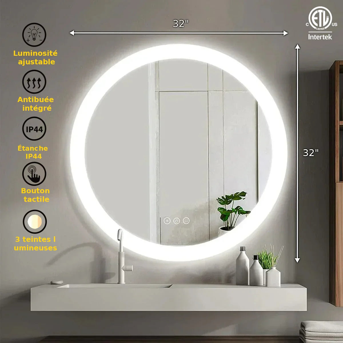 32" Round LED Bathroom Mirror with Integrated Ribbon Illumination - Premium Grey Edge Mirror with Frosted Lighting Technology, Complete Back Panel Support & Virtually Glowing Effect-Migration_Mirrors-DECOROLALA