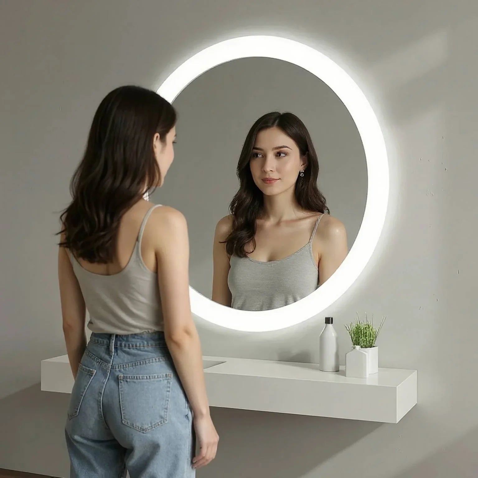 32" Round LED Bathroom Mirror with Integrated Ribbon Illumination - Premium Grey Edge Mirror with Frosted Lighting Technology, Complete Back Panel Support & Virtually Glowing Effect-Migration_Mirrors-DECOROLALA