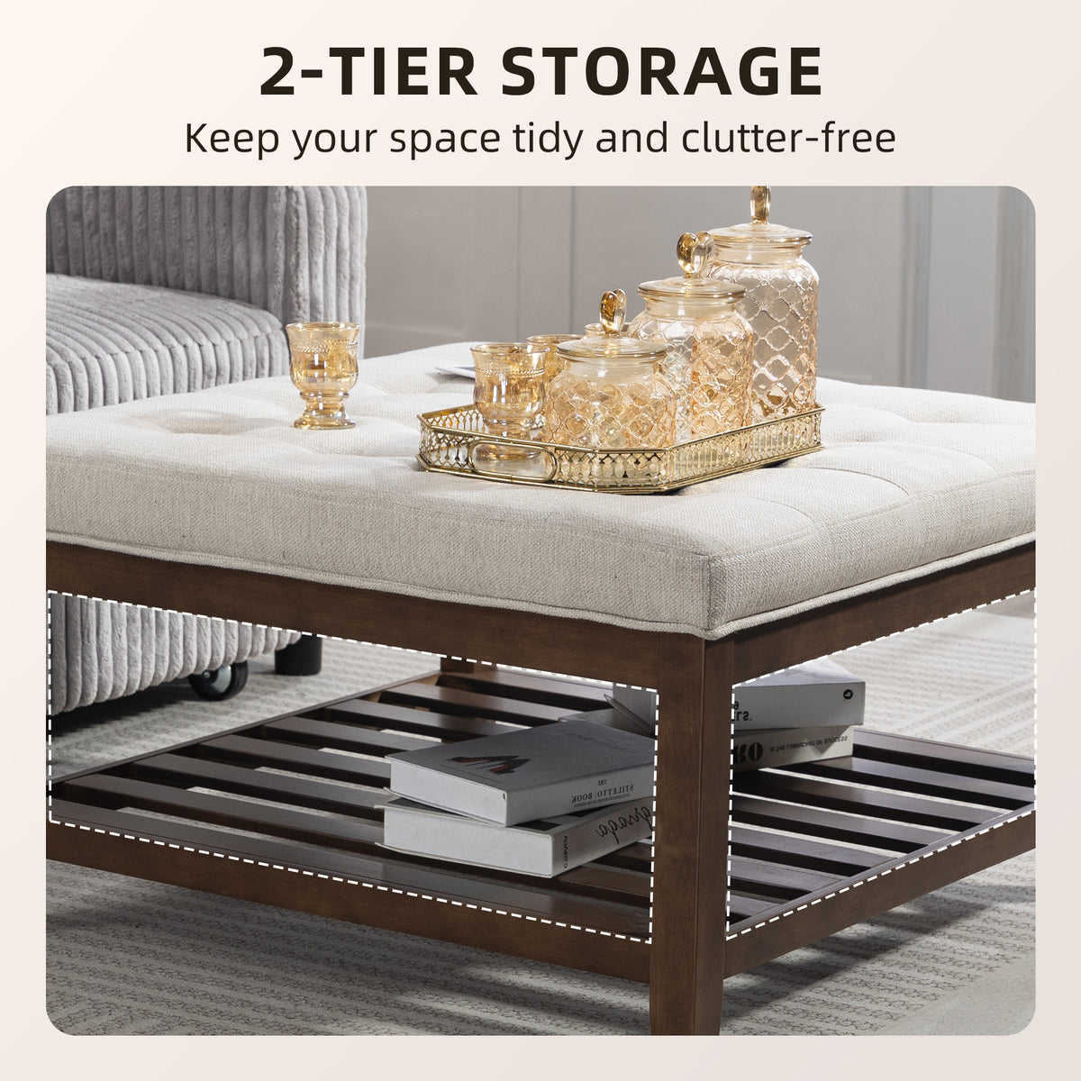 32" Square Ottoman Coffee Table with Storage - Beige-Home Furnishings > Living Room Furniture > Coffee Tables-DECOROLALA