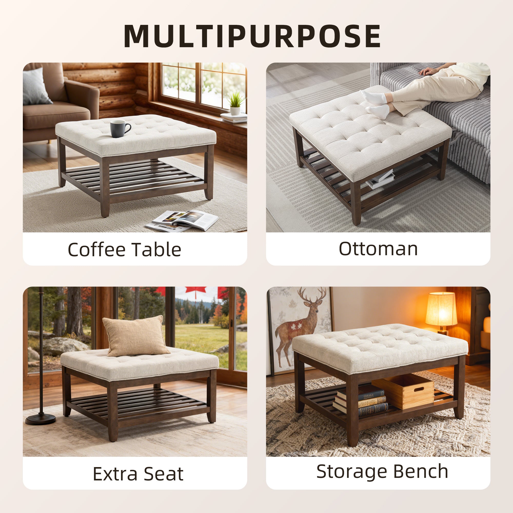 32" Square Ottoman Coffee Table with Storage - Beige-Home Furnishings > Living Room Furniture > Coffee Tables-DECOROLALA