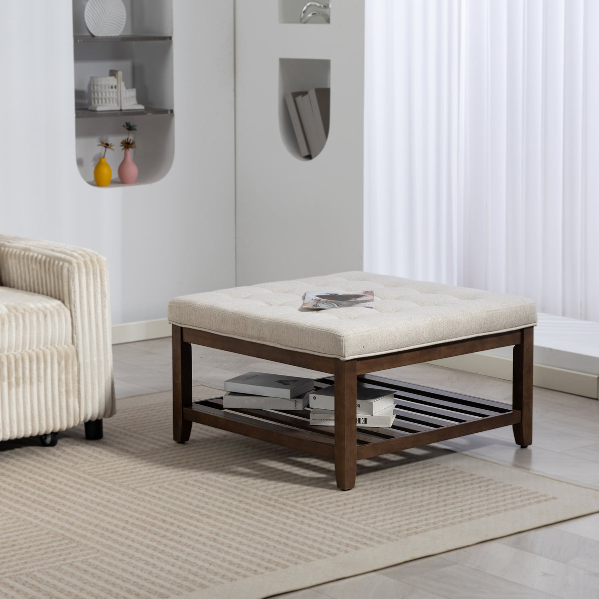 32" Square Ottoman Coffee Table with Storage - Beige-Home Furnishings > Living Room Furniture > Coffee Tables-DECOROLALA